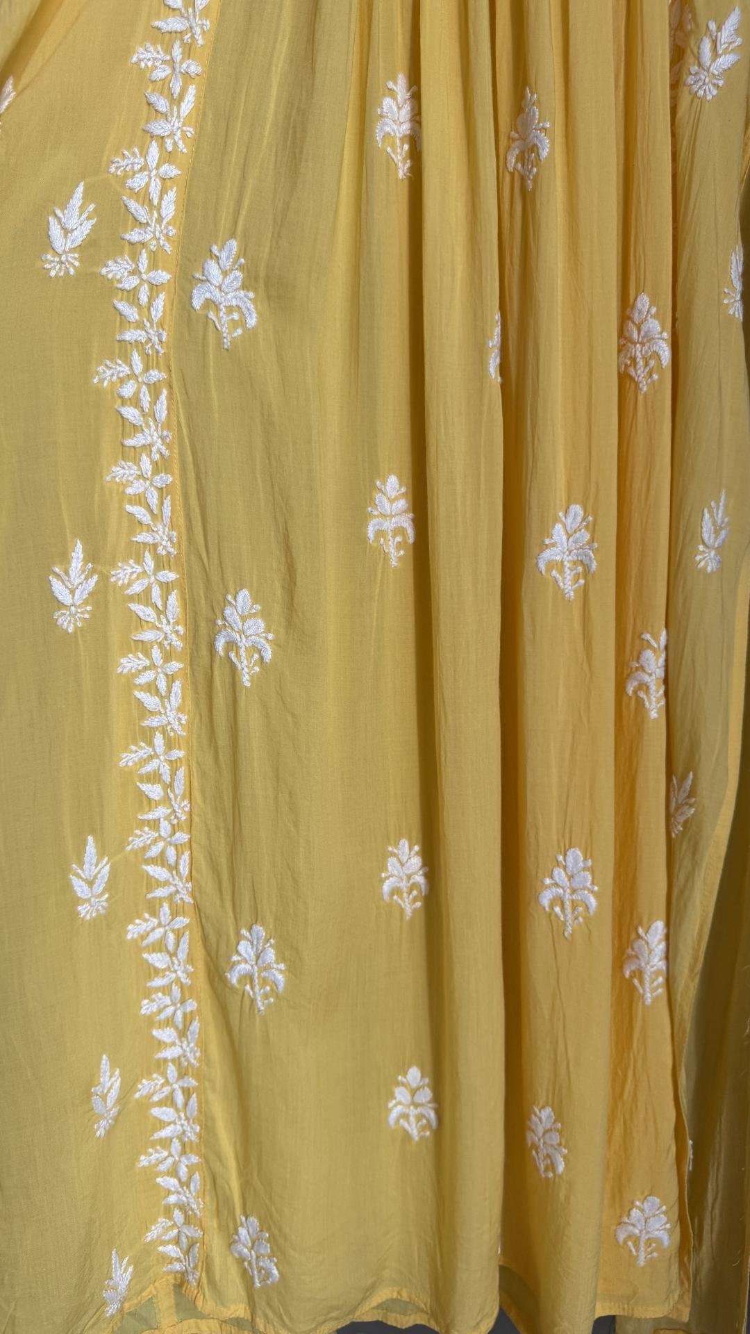 Modal Nyra Cut Chikankari Long Kurta - Mango Yellow