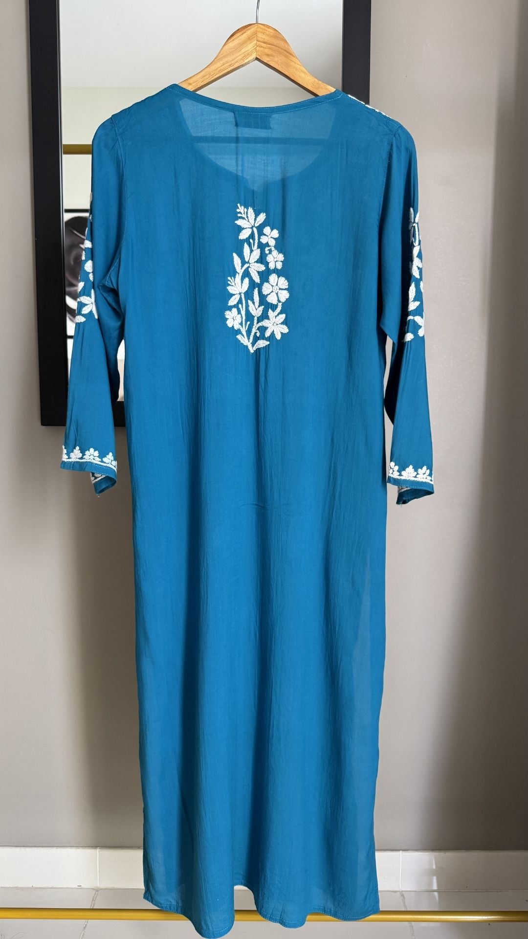 Modal Heavy Neck Chikankari Long Kurta - Teal Blue
