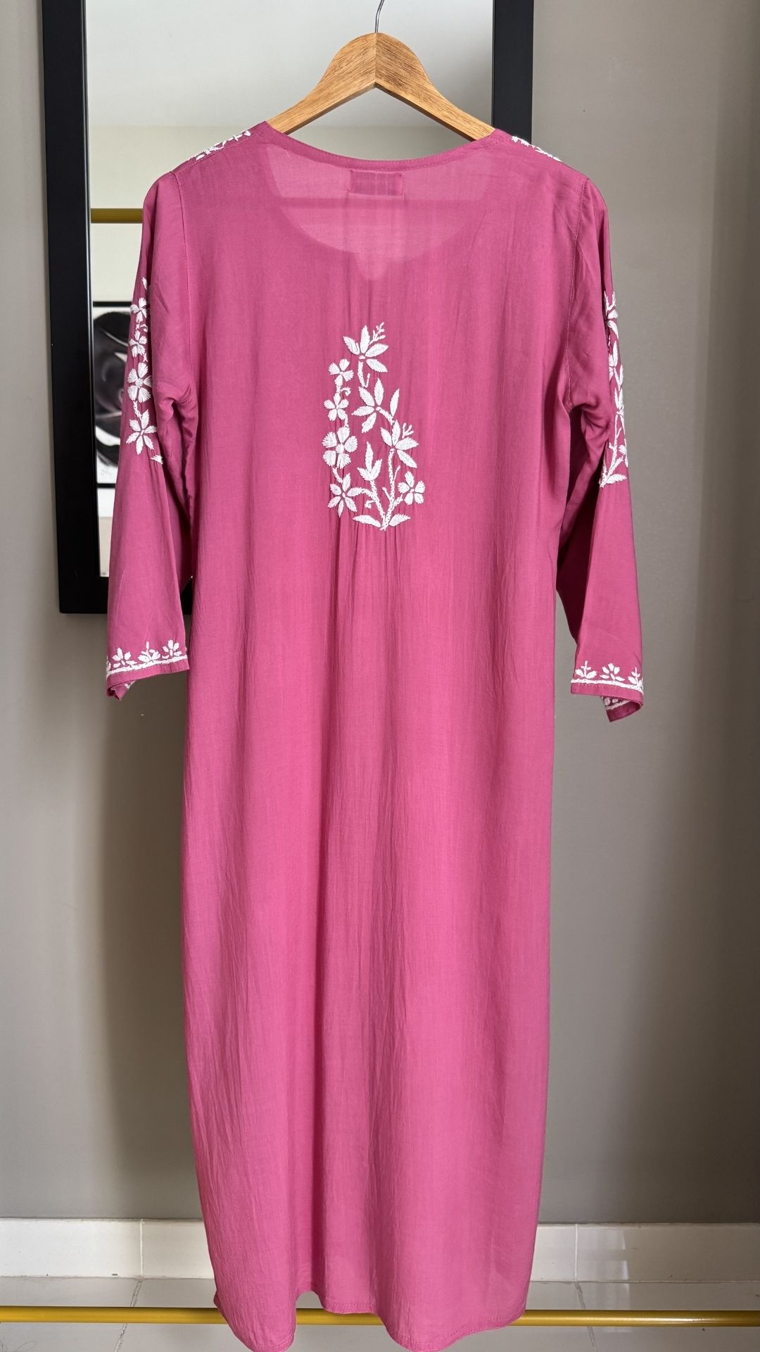 Modal Heavy Neck Chikankari Long Kurta - Onion Pink