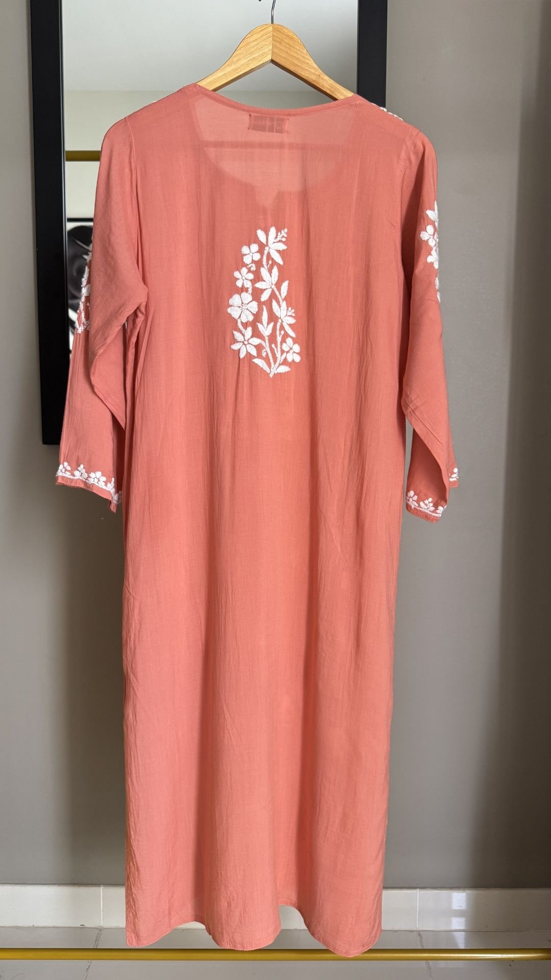 Modal Heavy Neck Chikankari Long Kurta - Pastel Orange