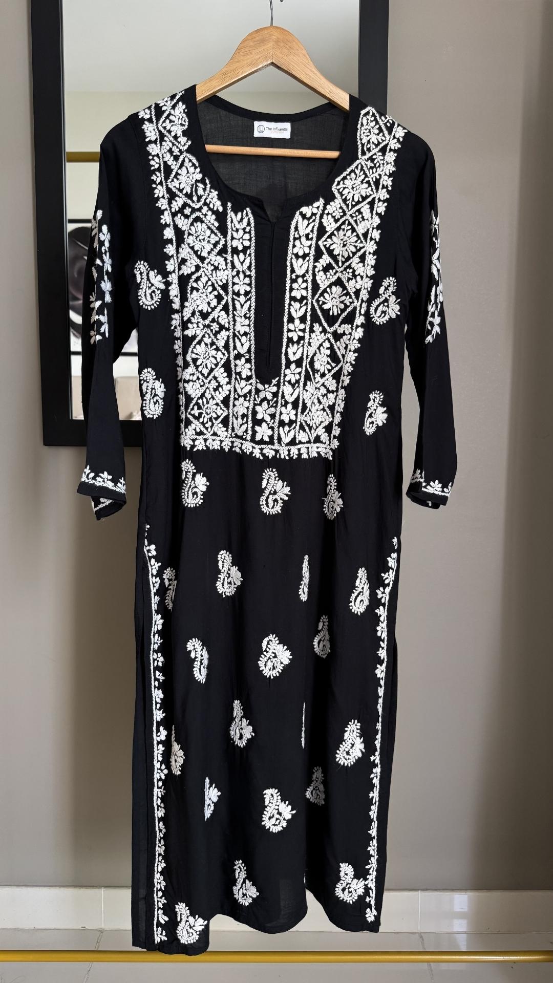 Modal Heavy Neck Chikankari Long Kurta - Black