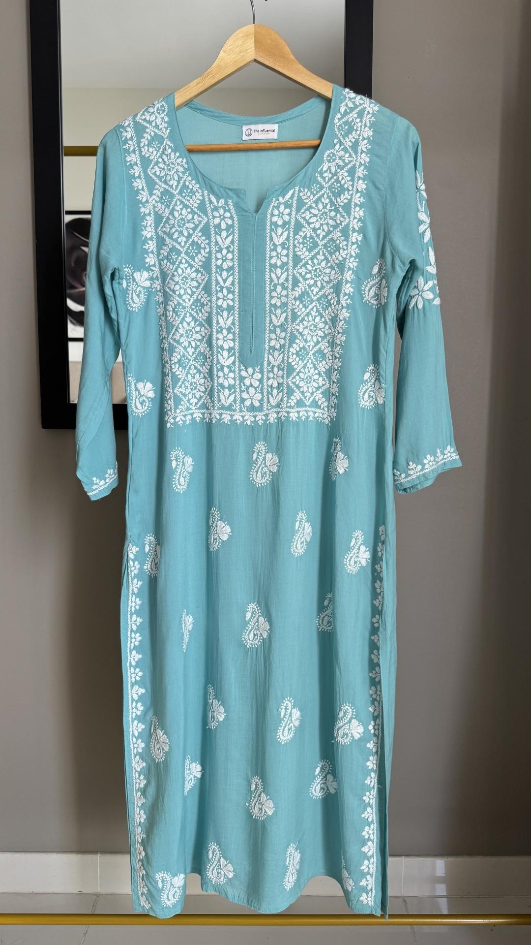 Modal Heavy Neck Chikankari Long Kurta - Sky Blue