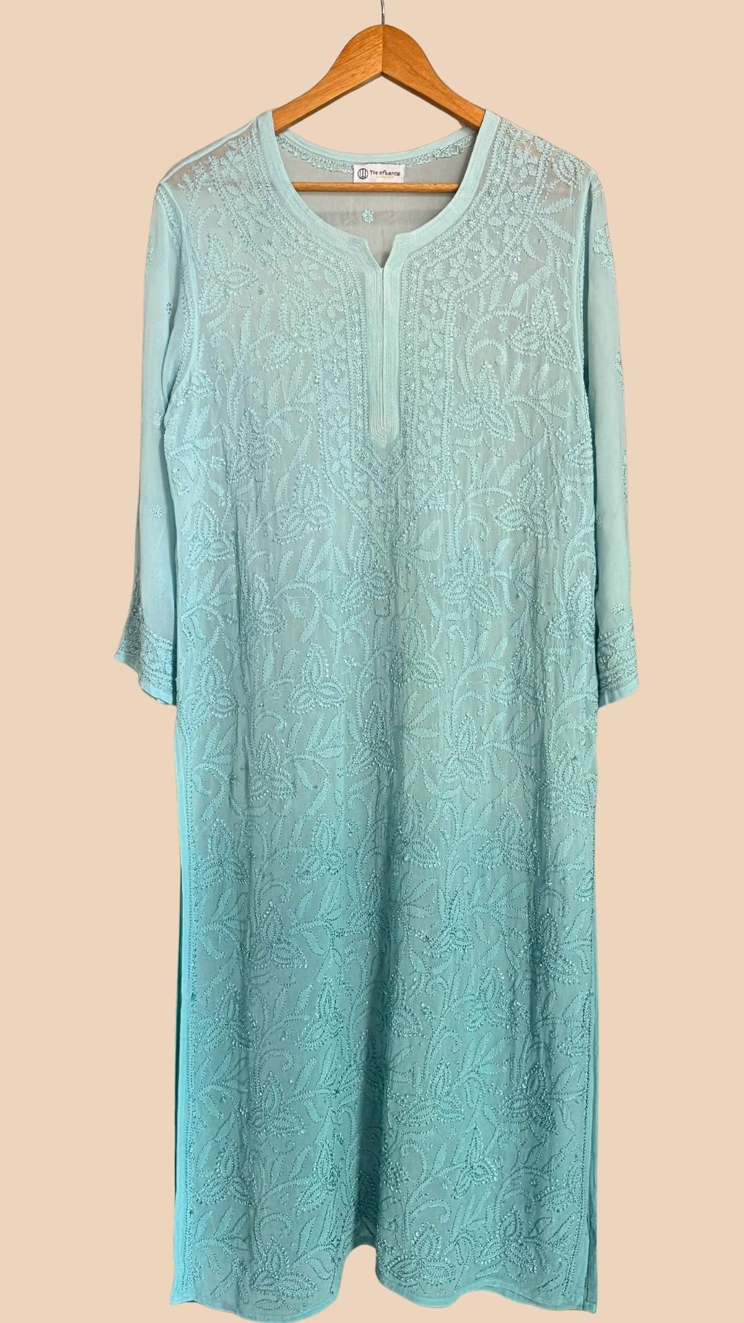 Resham Jaal Chikankari Long Kurta - Dust Turquoise
