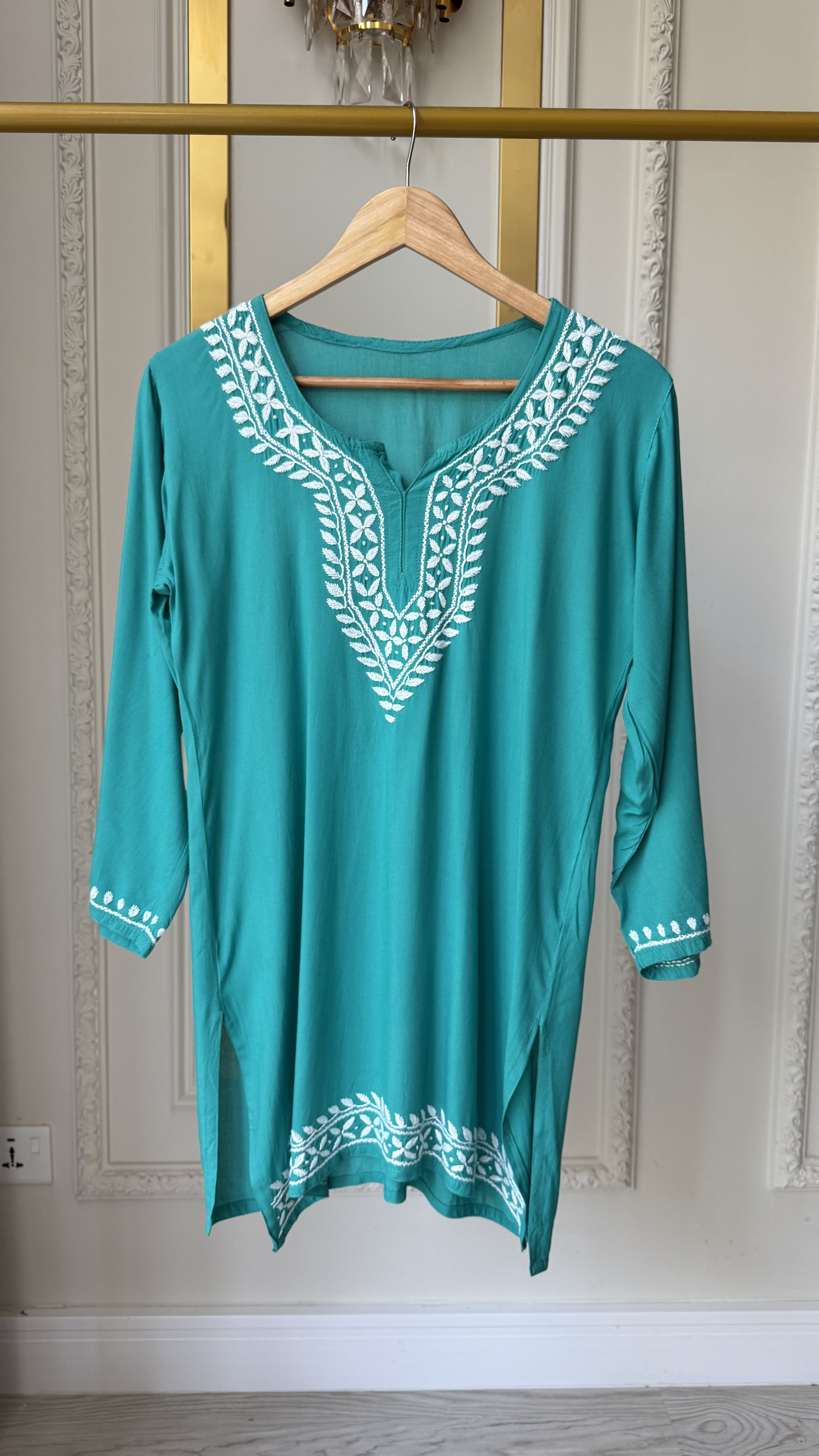 Rayon Chikankari Short Top - Turquoise
