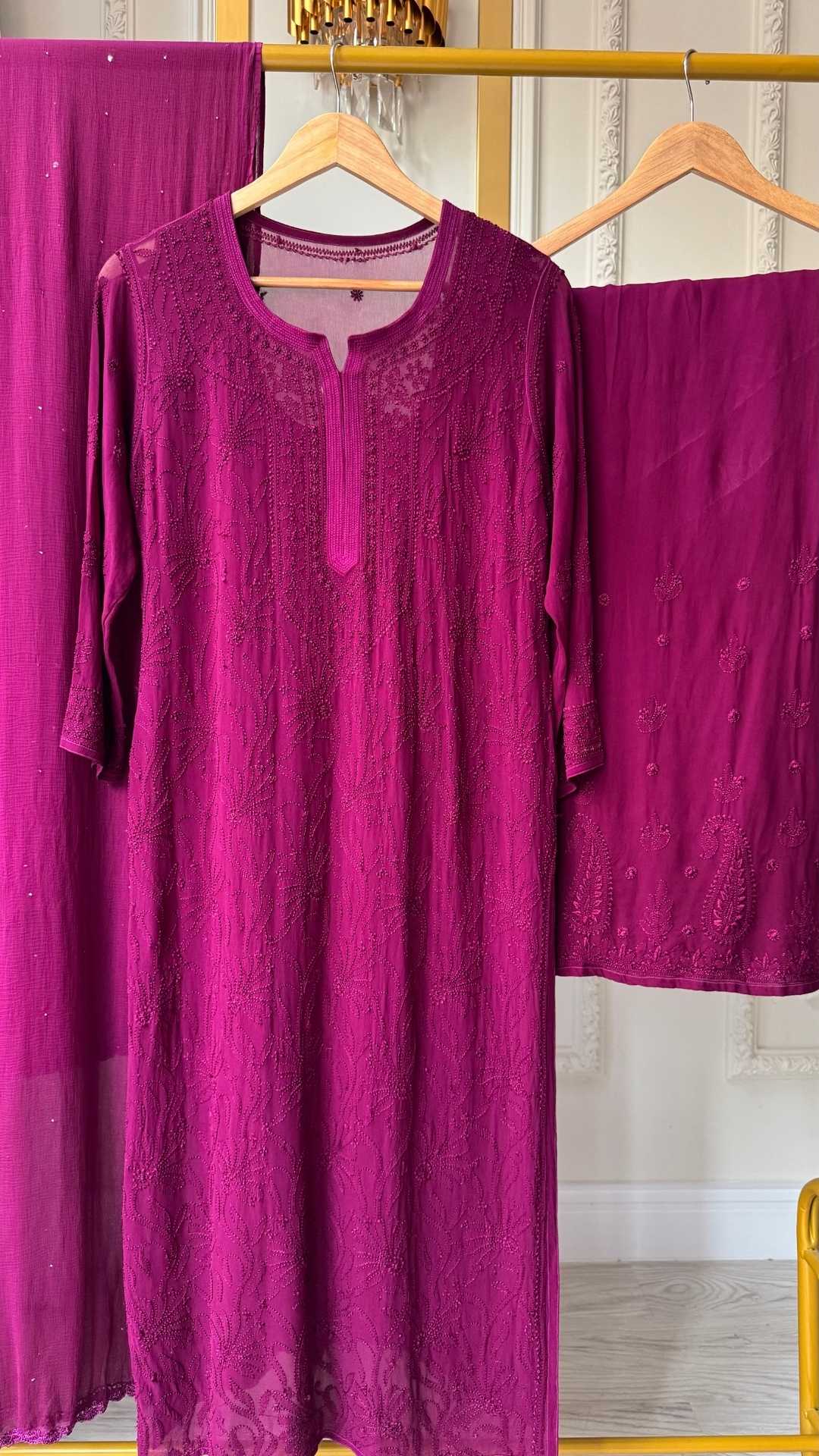 Viscose Georgette Silk Thread Chikankari 4Pc Suit Set - Grape Wine