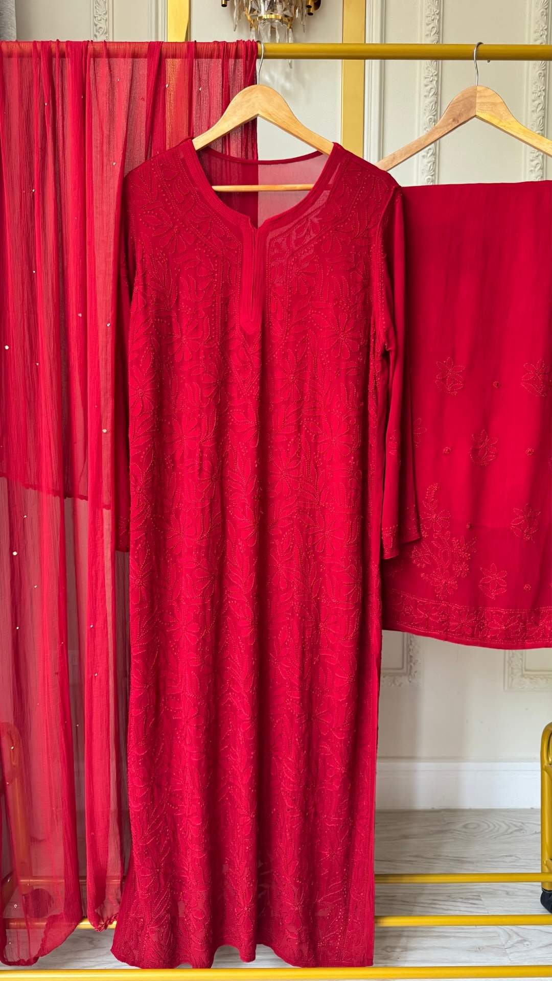 Viscose Georgette Silk Thread Chikankari 4Pc Suit Set - Blood Red