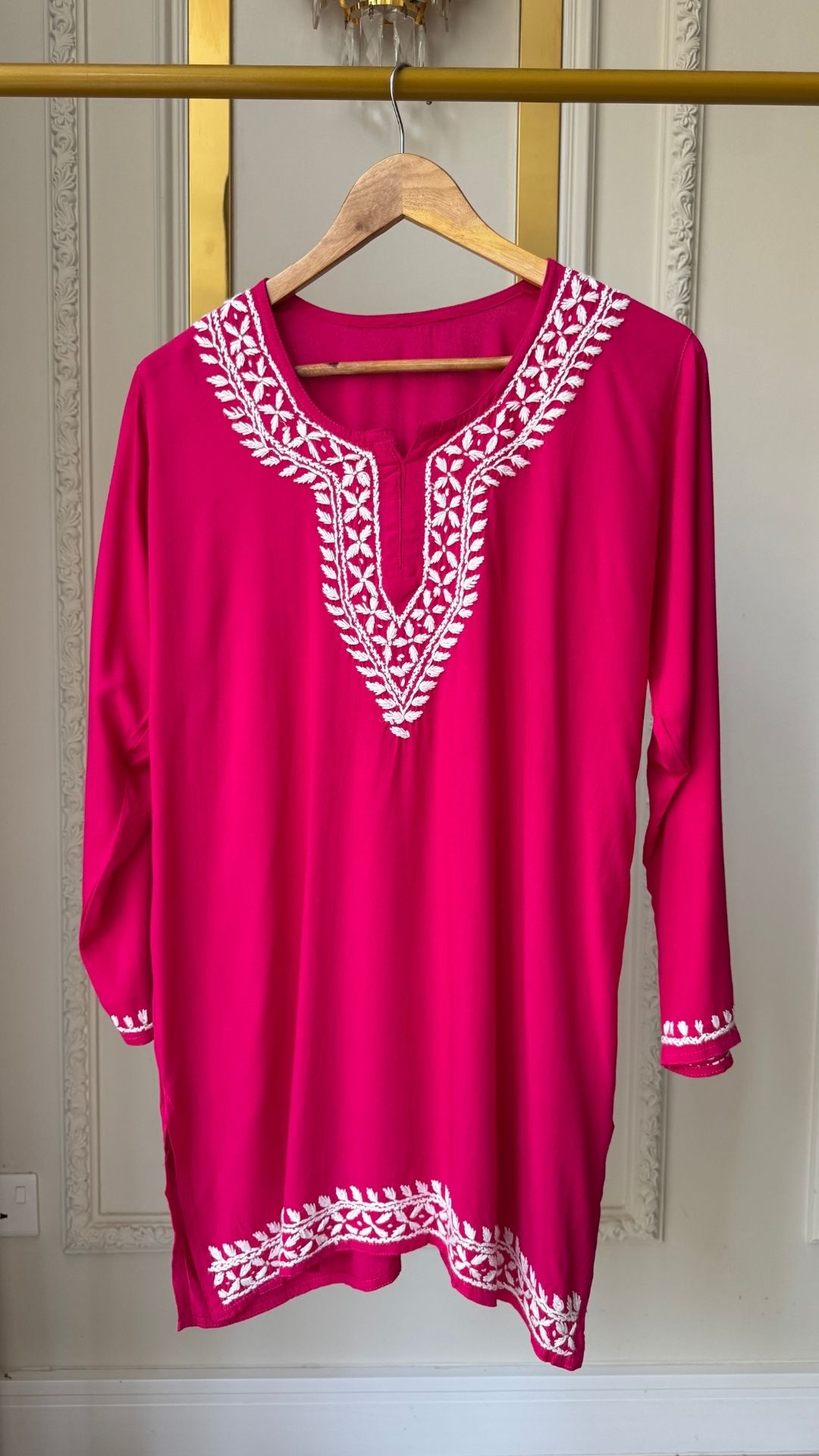 Rayon Chikankari Short Top - Hot Pink