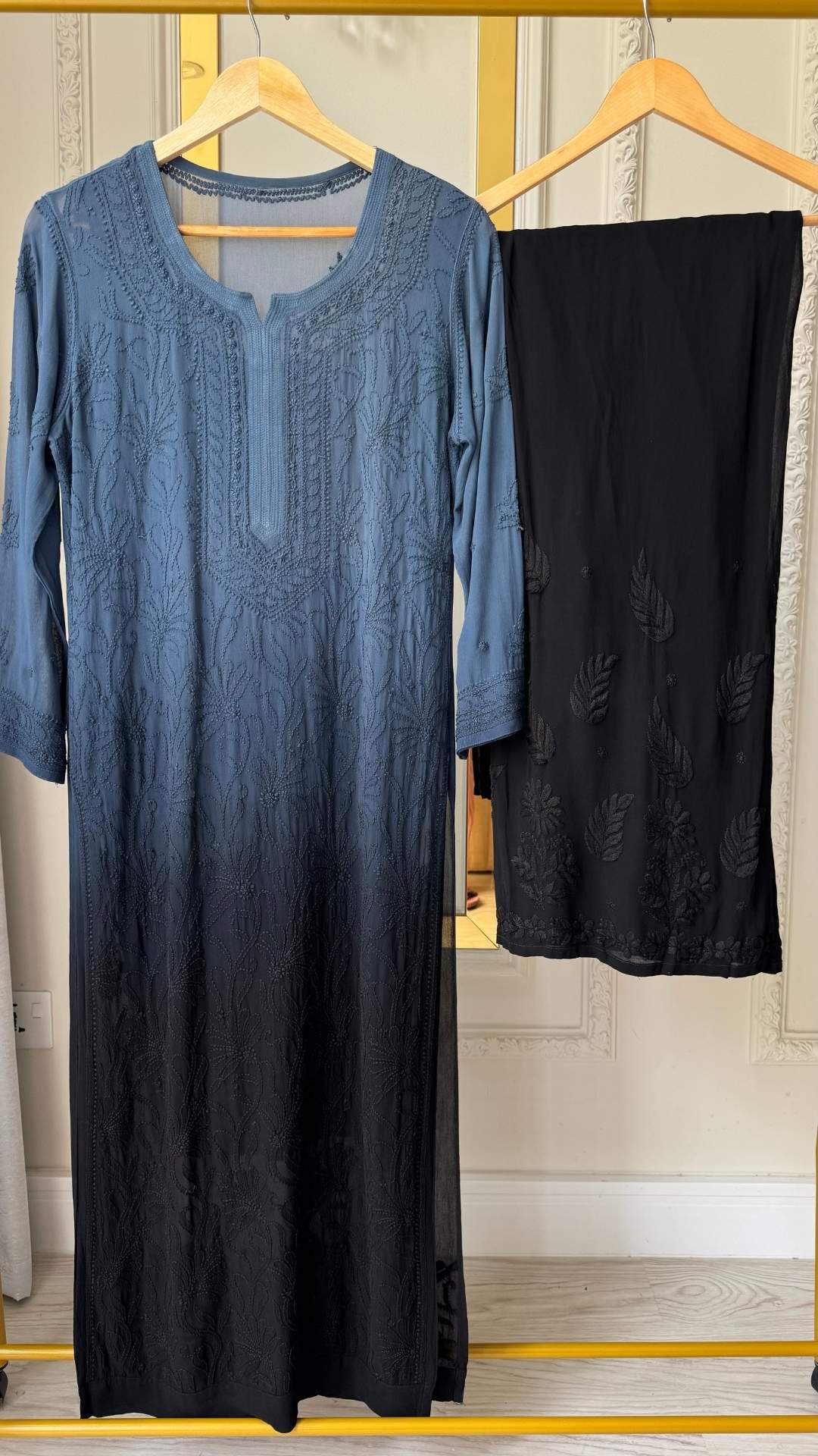 Viscose Georgette Chikankari Long Kurta Palazzo Set - Grey Black