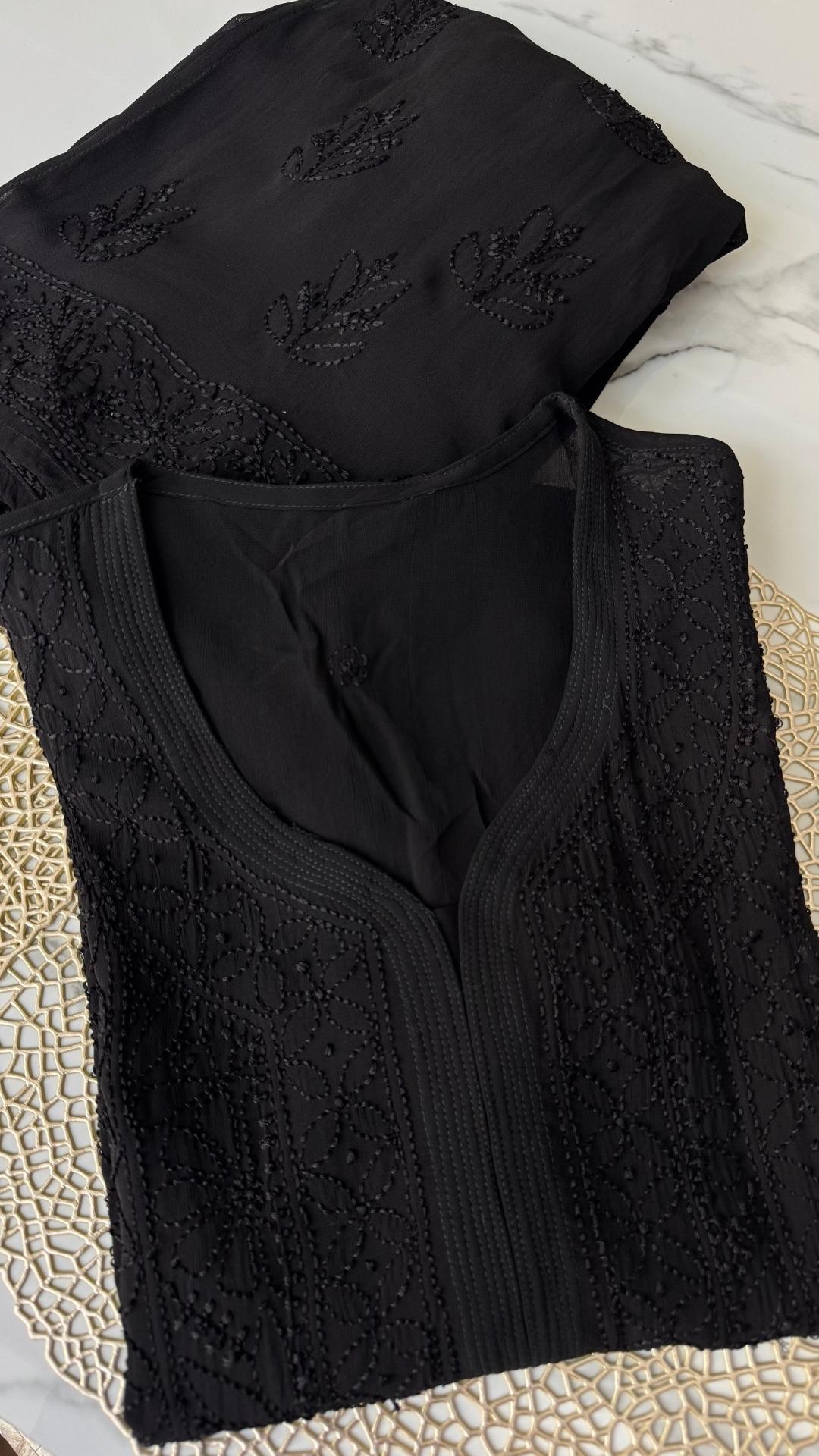 Viscose Georgette Silk Thread Chikankari 4Pc Suit Set - Kohl Black