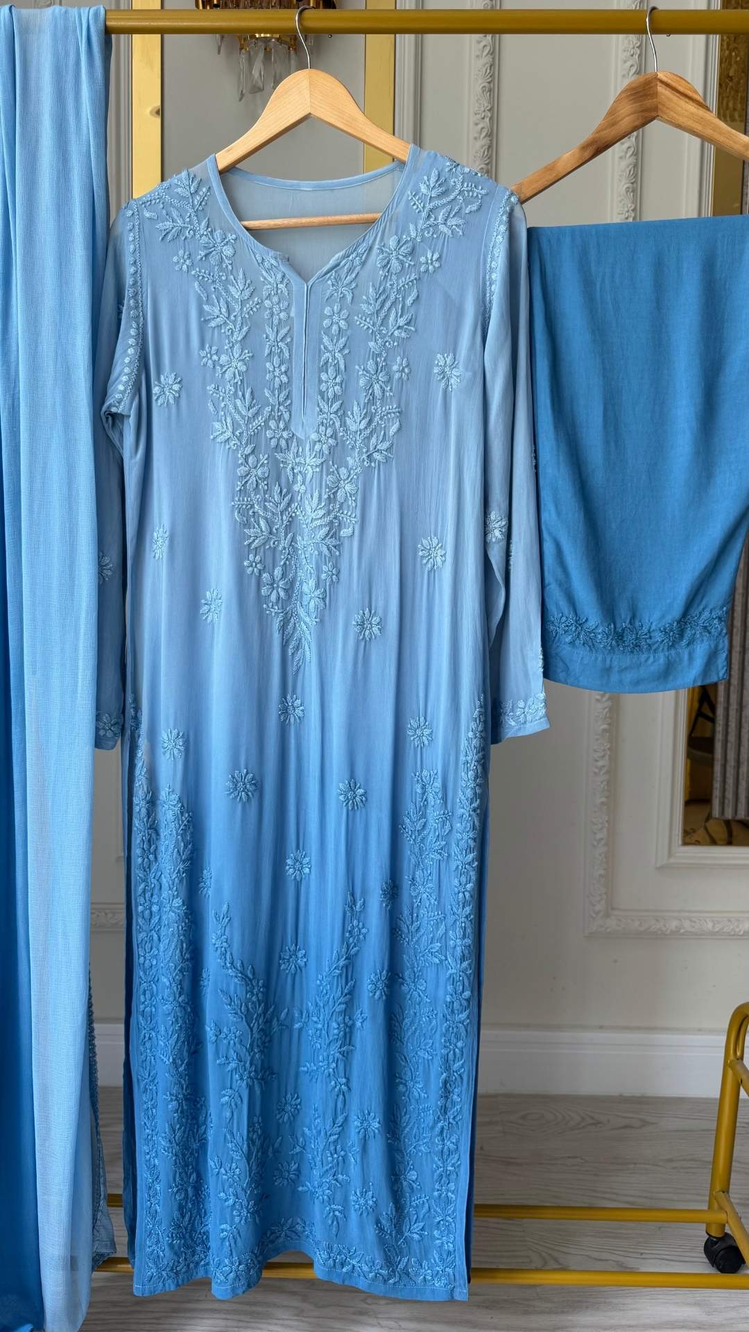 Viscose Georgette Ombre 3pc Suit Set - Blue