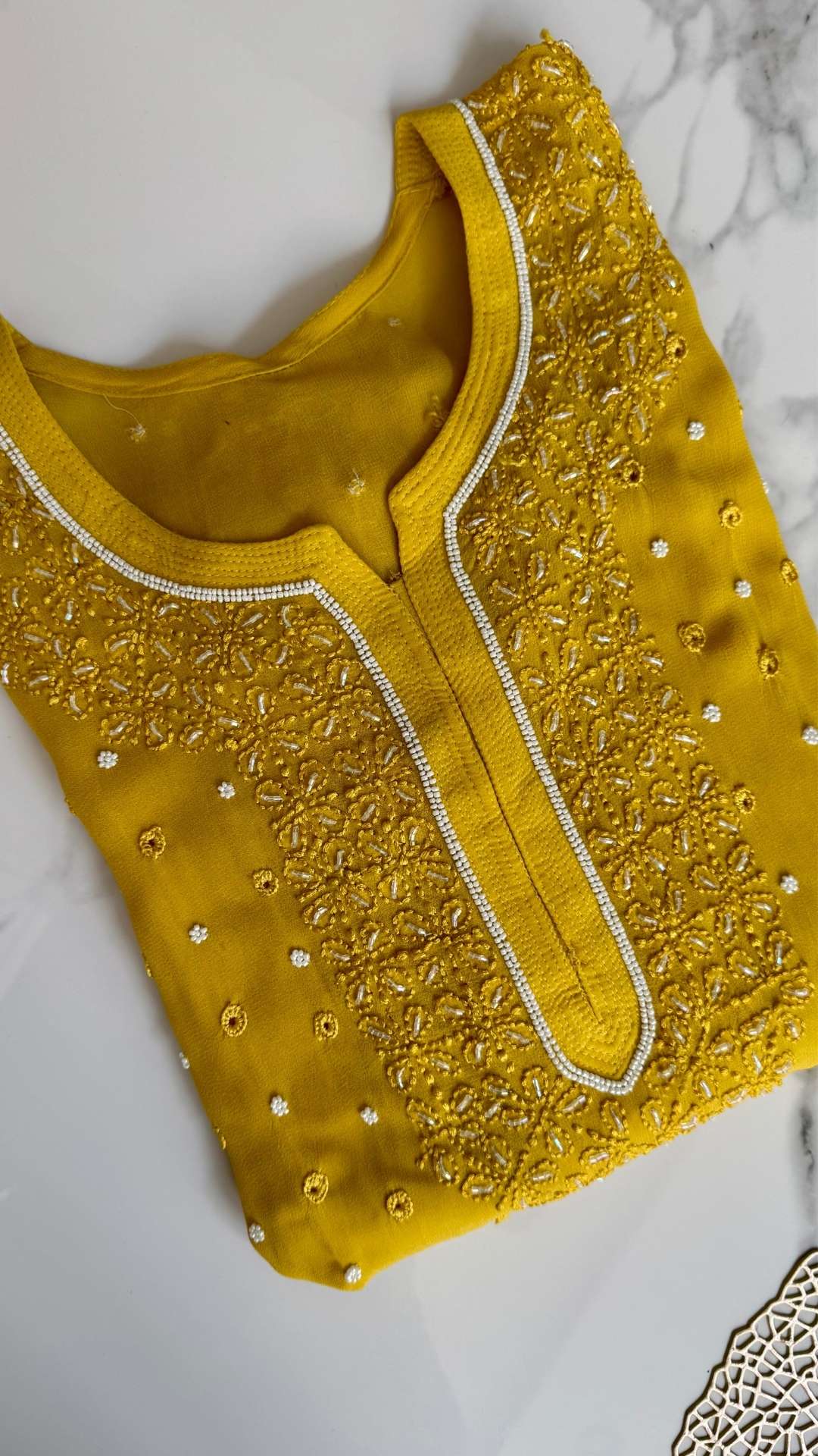 Viscose Georgette Pearl Work Solid Long Kurta - Mustard Yellow