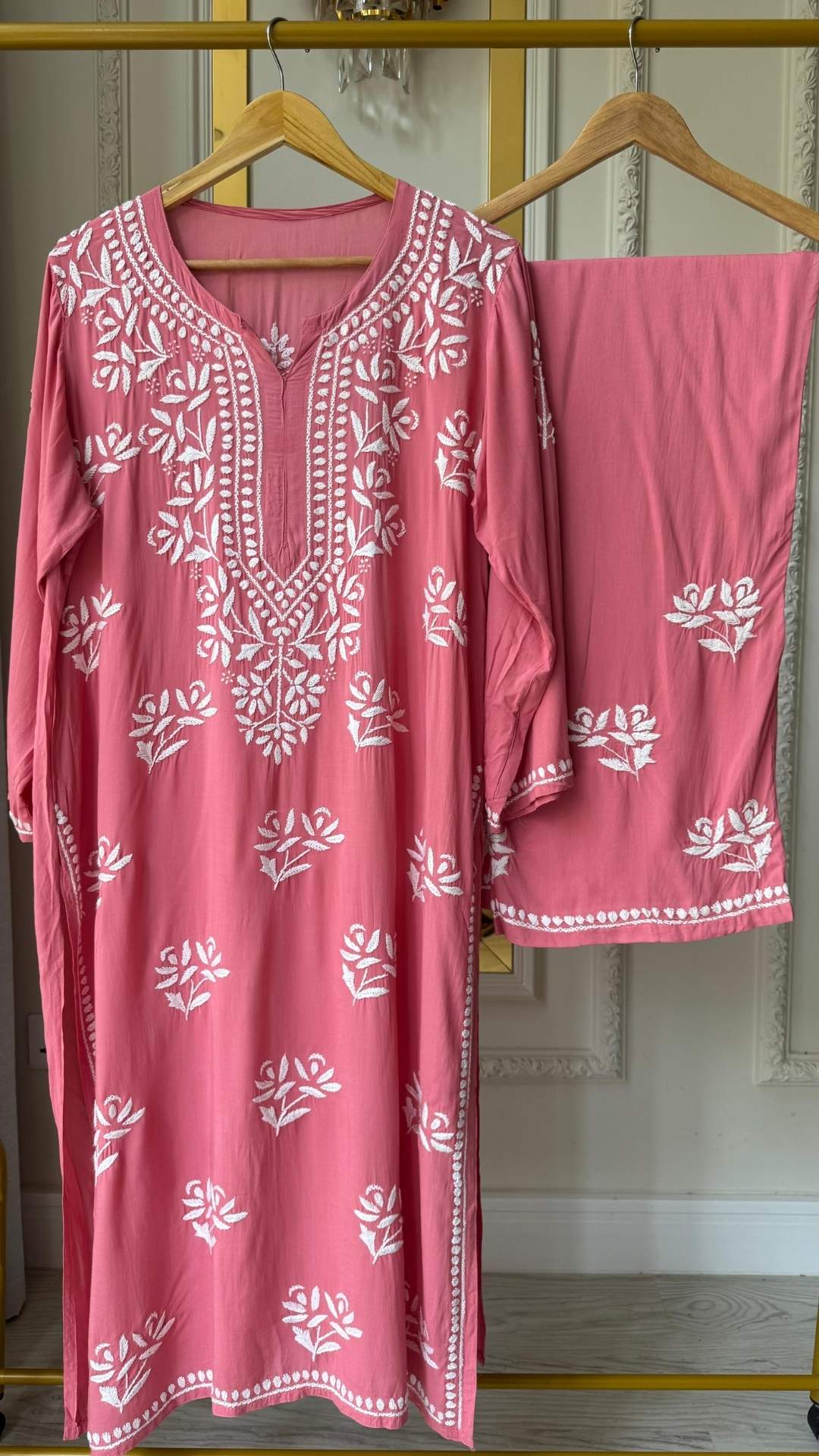 Modal Chikankari Long Kurta Palazzo Set - Light Pink
