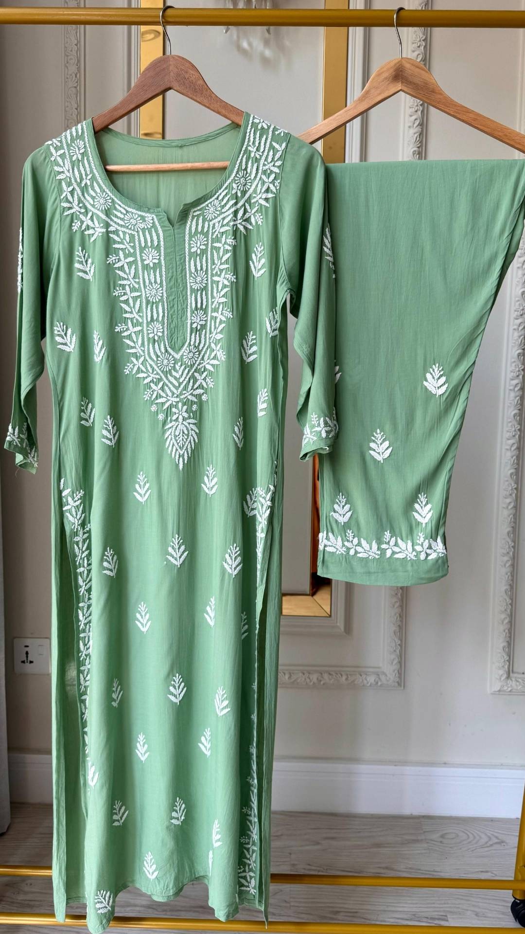 Modal Chikankari Long Kurta Pant Set - Pastel Green