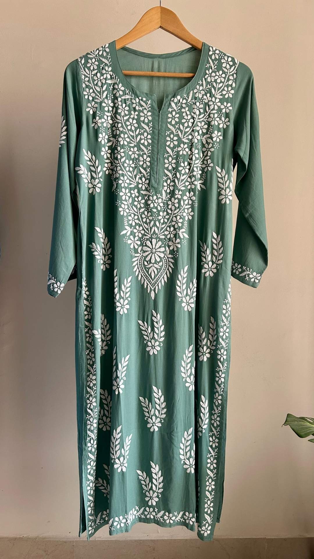 Modal Chikankari Long Kurta - Pastel Green