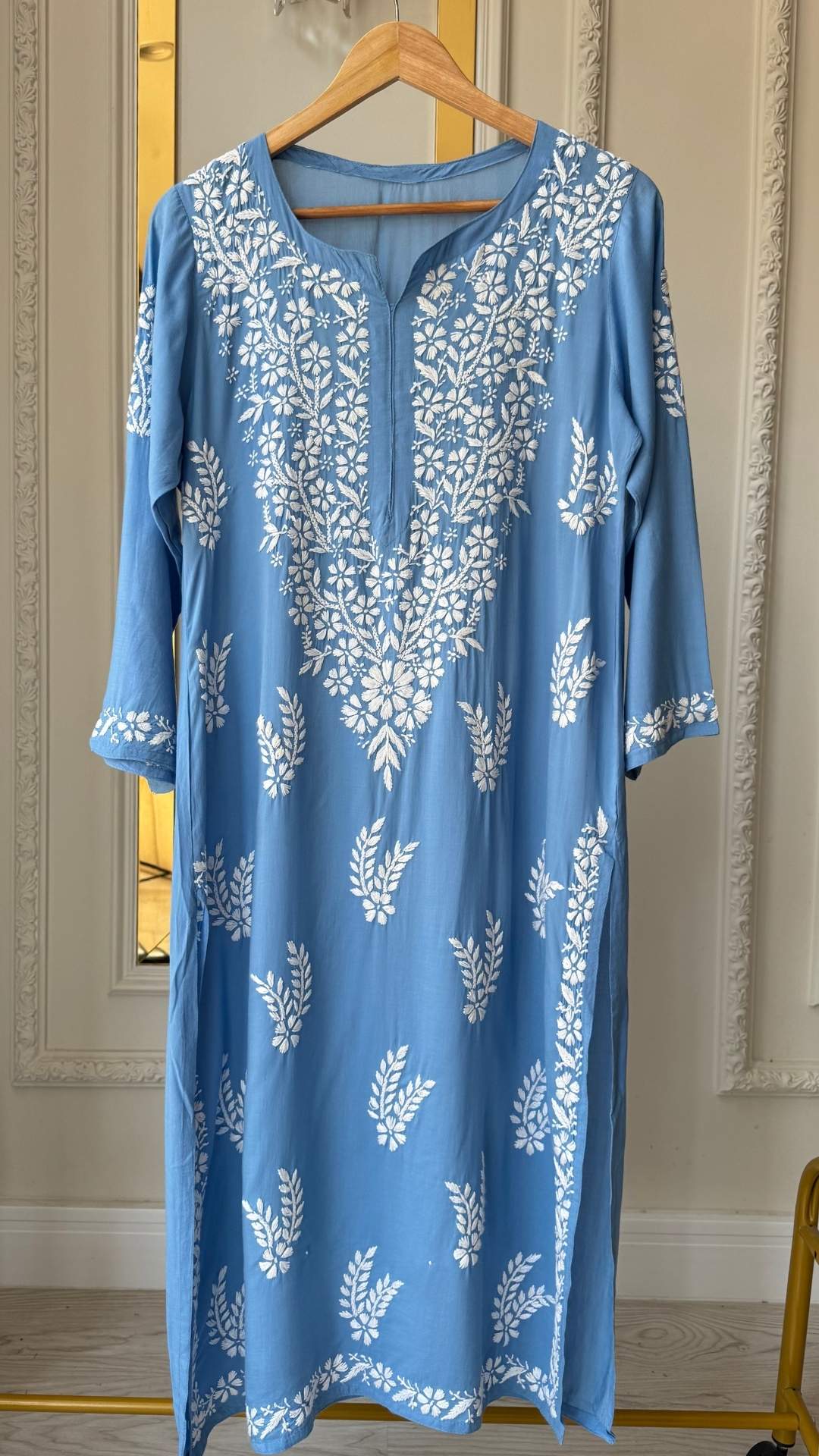 Modal Chikankari Long Kurta - Powder Blue