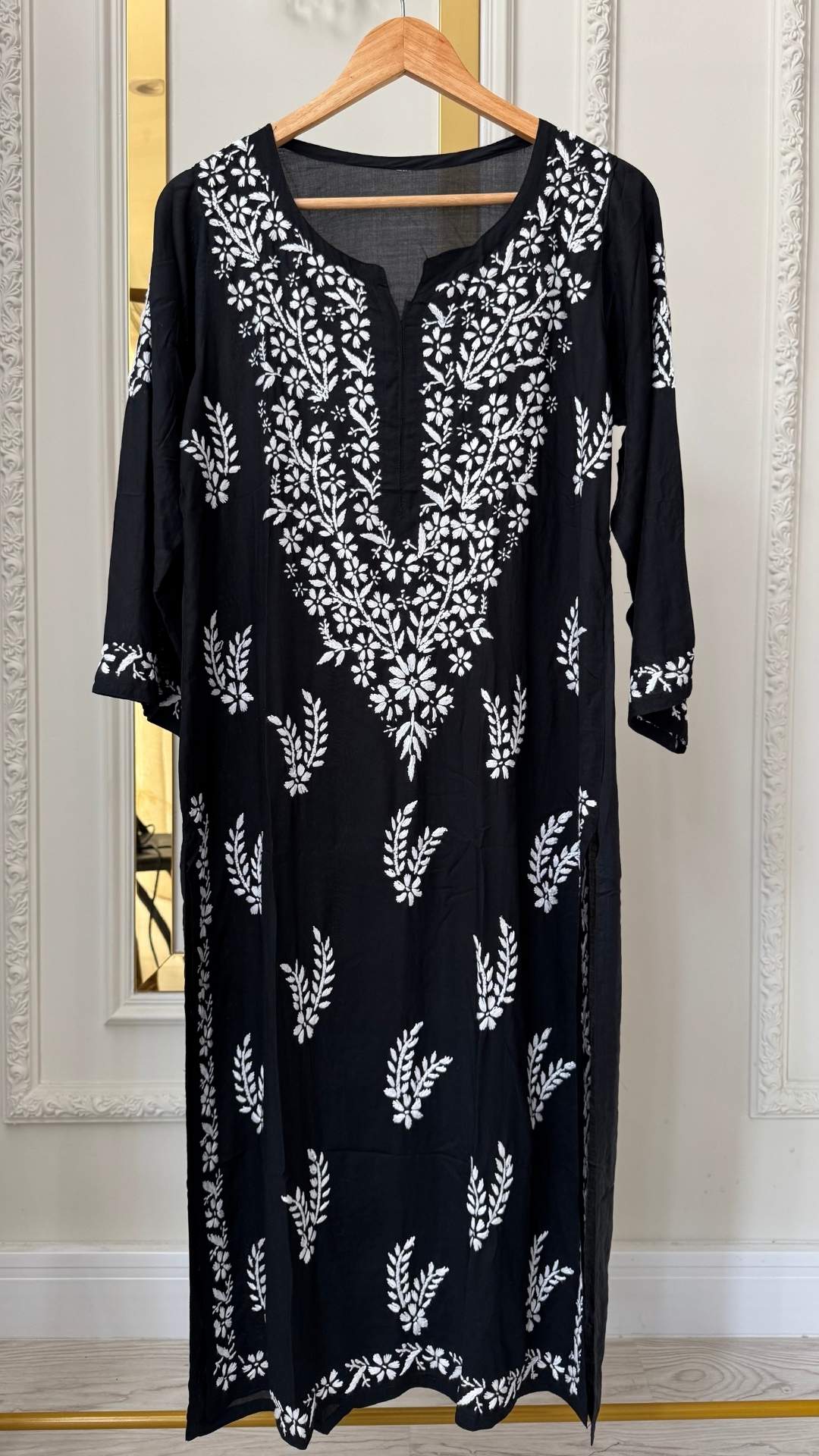 Modal Chikankari Long Kurta - Black