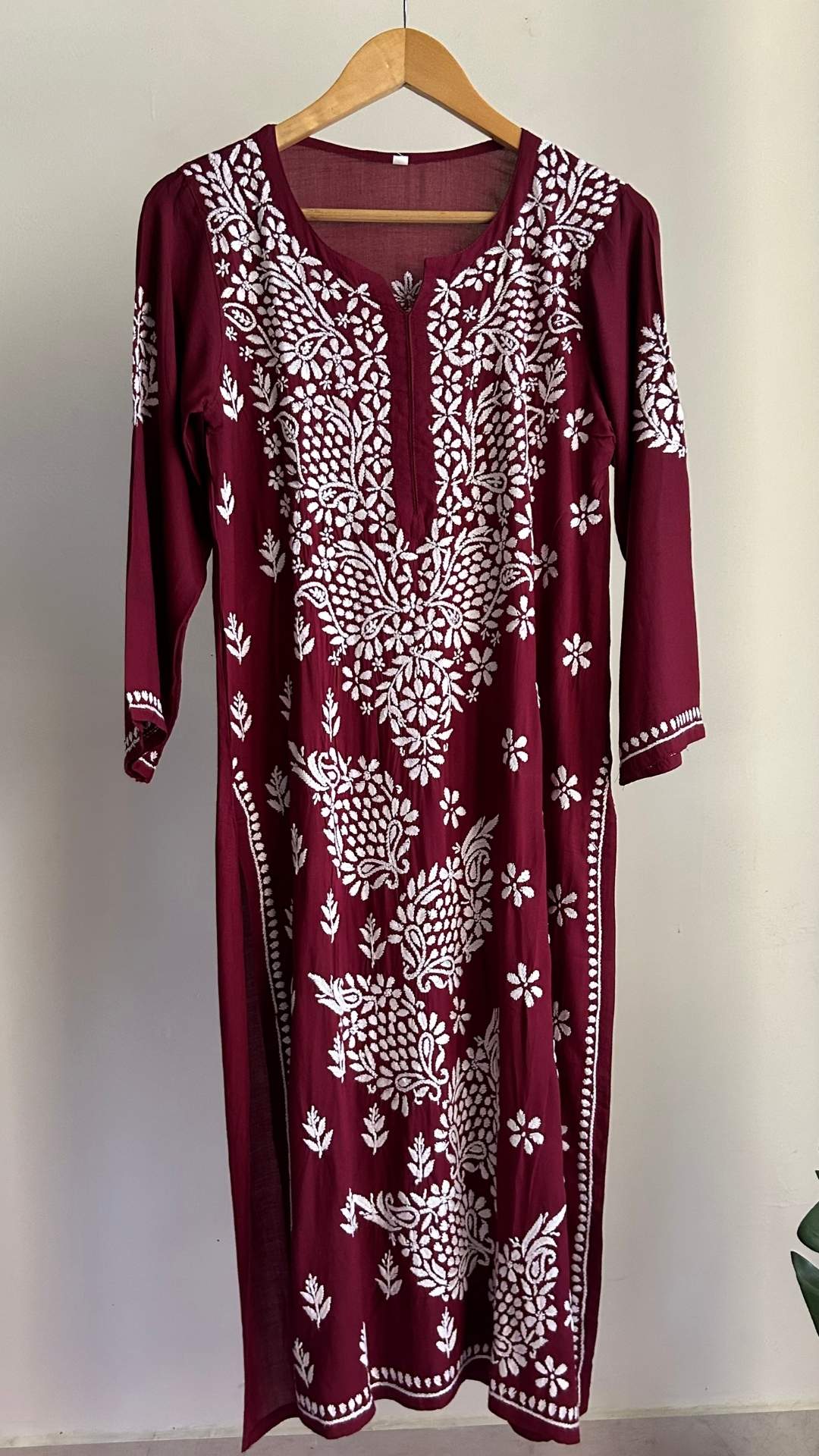Modal Chikankari Long Kurta - Maroon