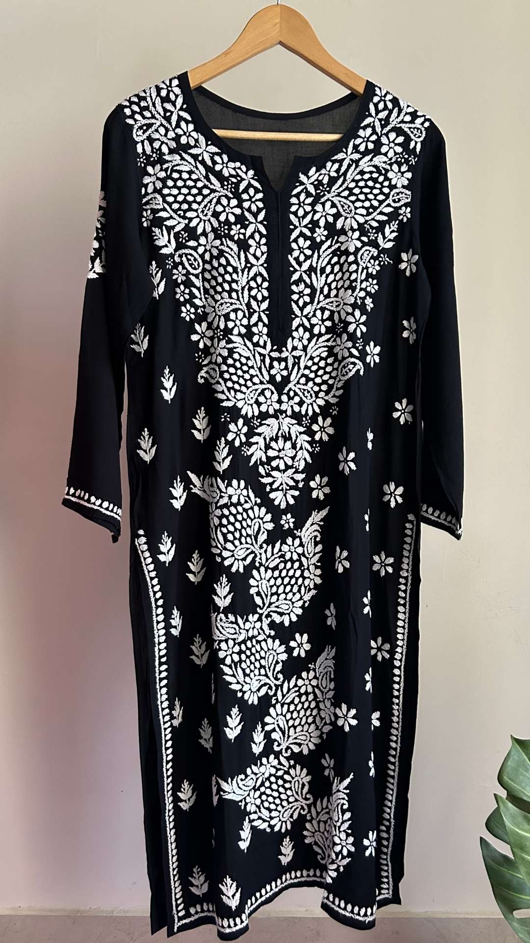 Modal Chikankari Long Kurta - Black
