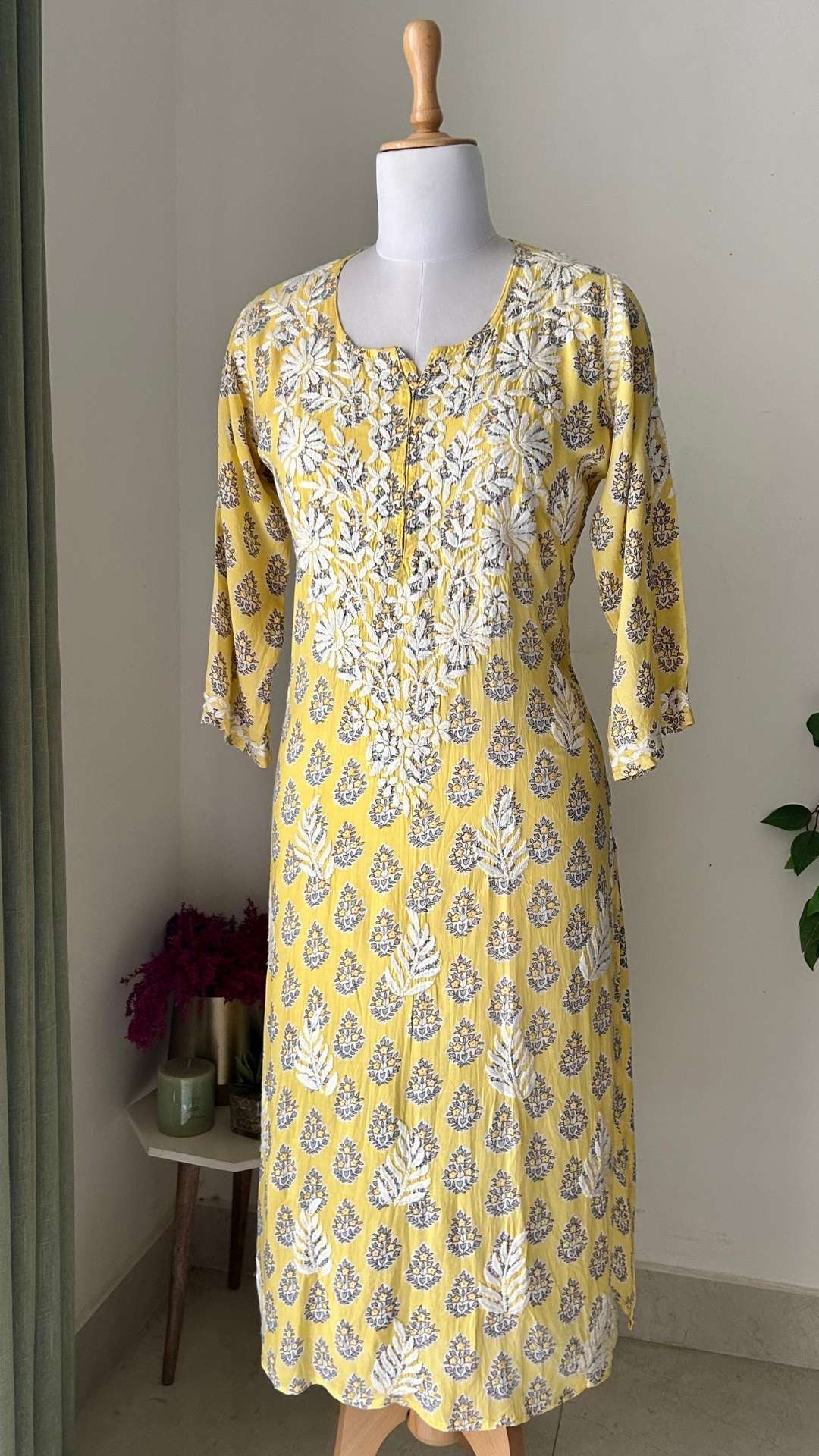 Modal Chikankari Print Long Kurta - Yellow