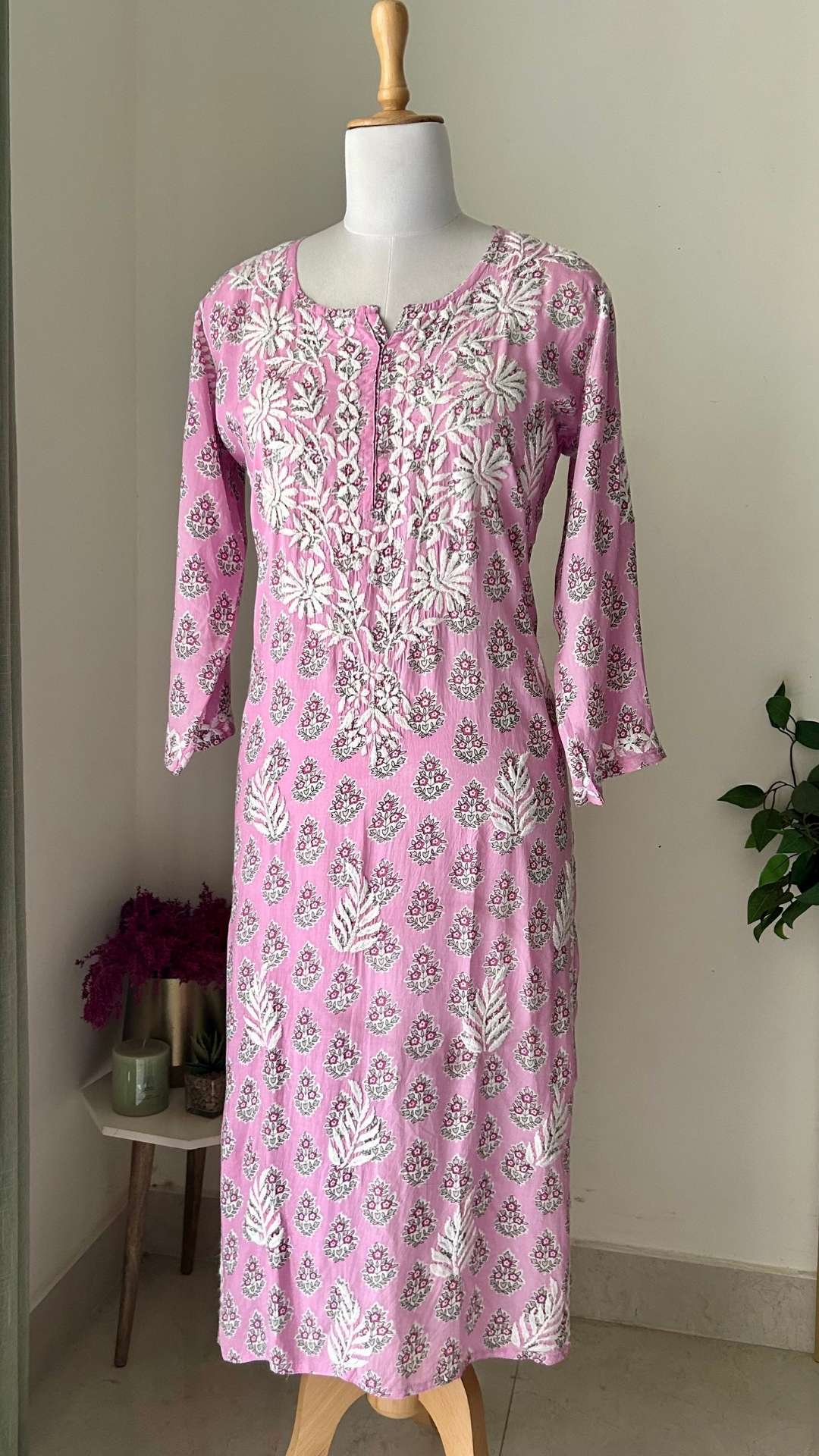 Modal Chikankari Print Long Kurta - Light Pink