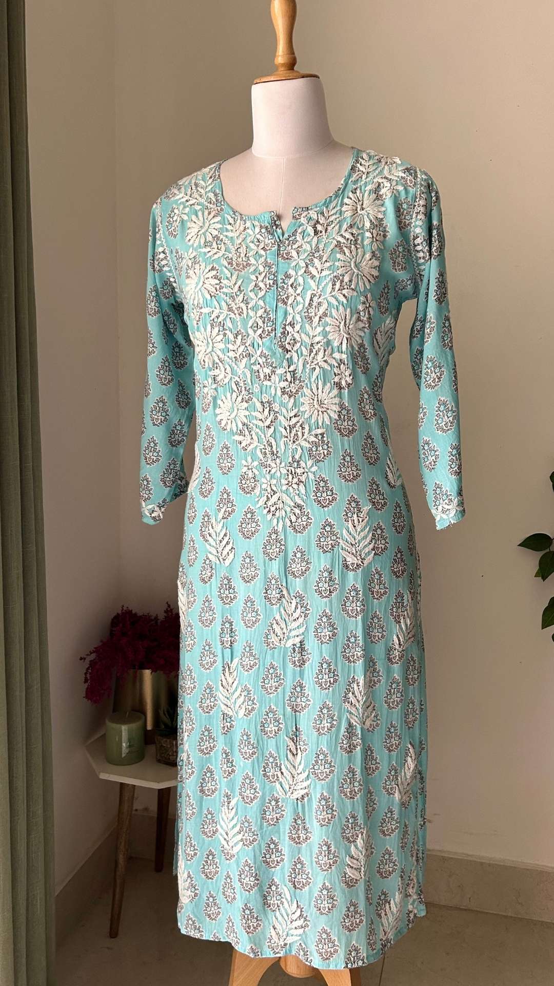 Modal Chikankari Print Long Kurta - Blue