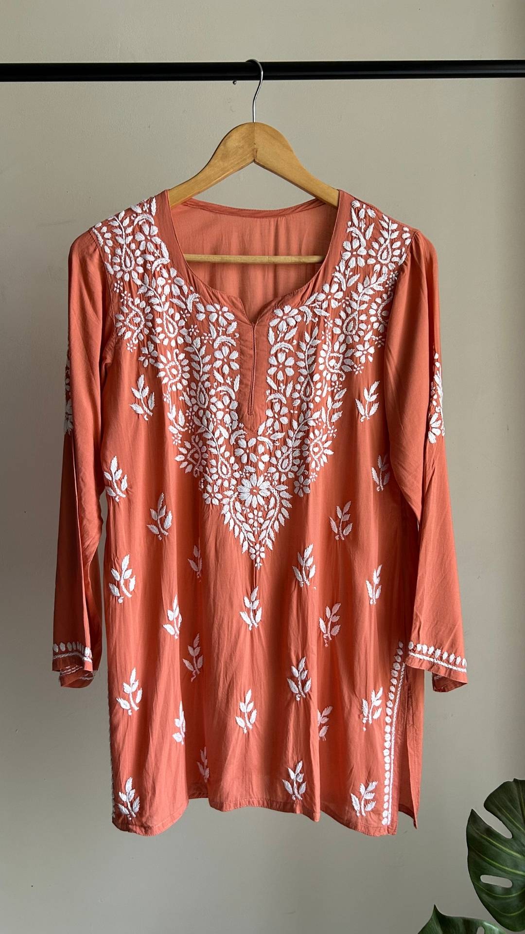 Modal Chikankari Short Top - Pastel Orange