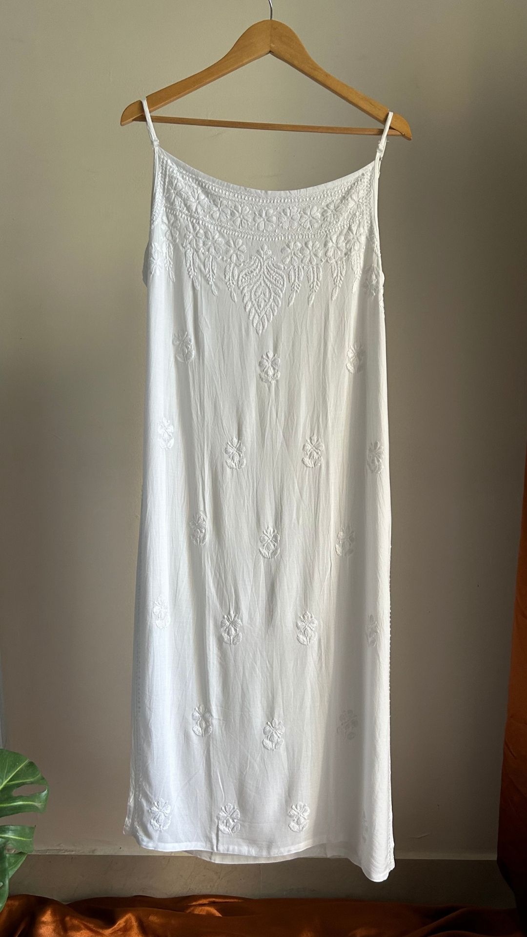 Rayon Strap Chikankari Long Kurta - White