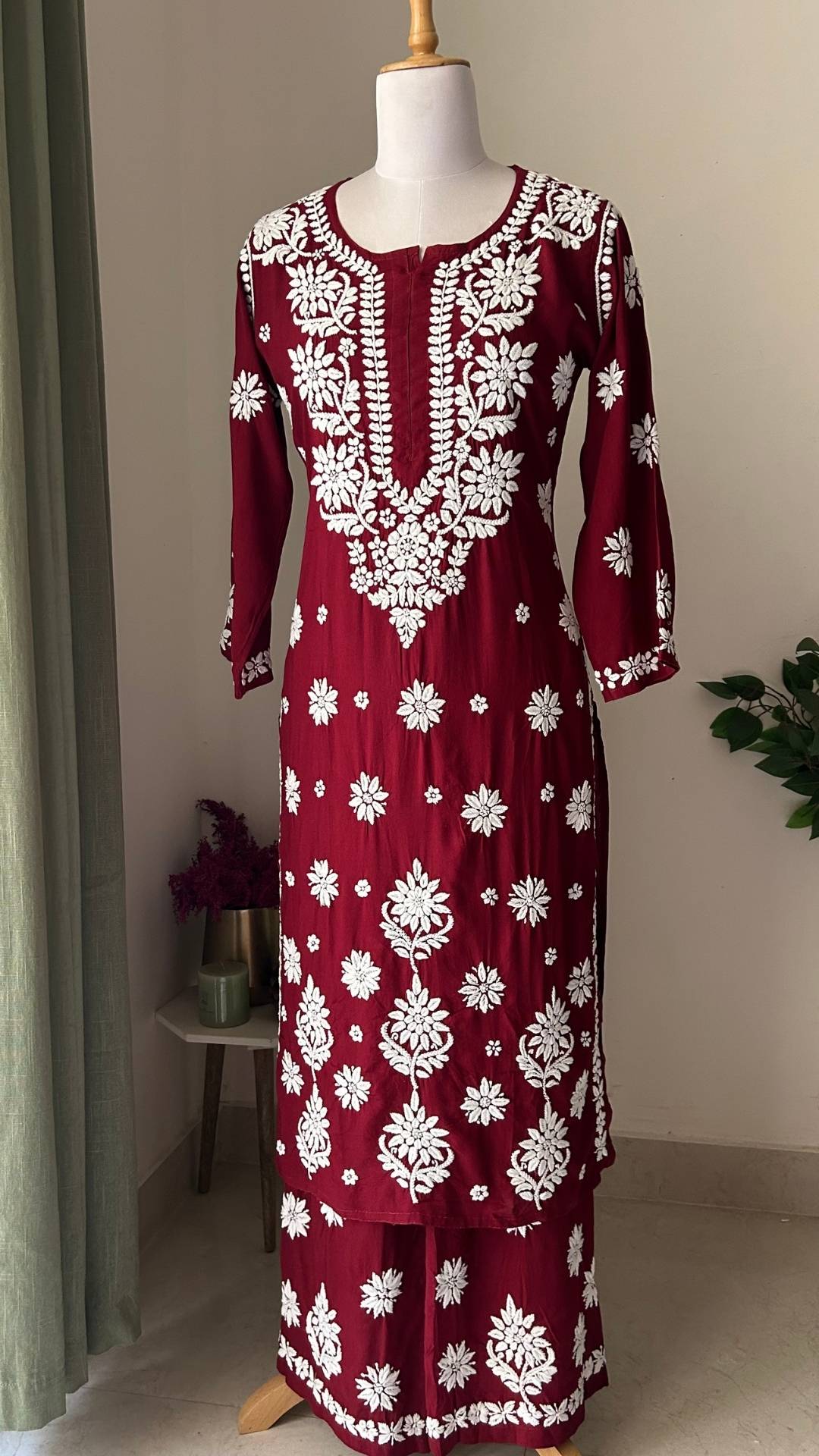 Modal Chikankari Long Kurta Palazzo Set - Maroon