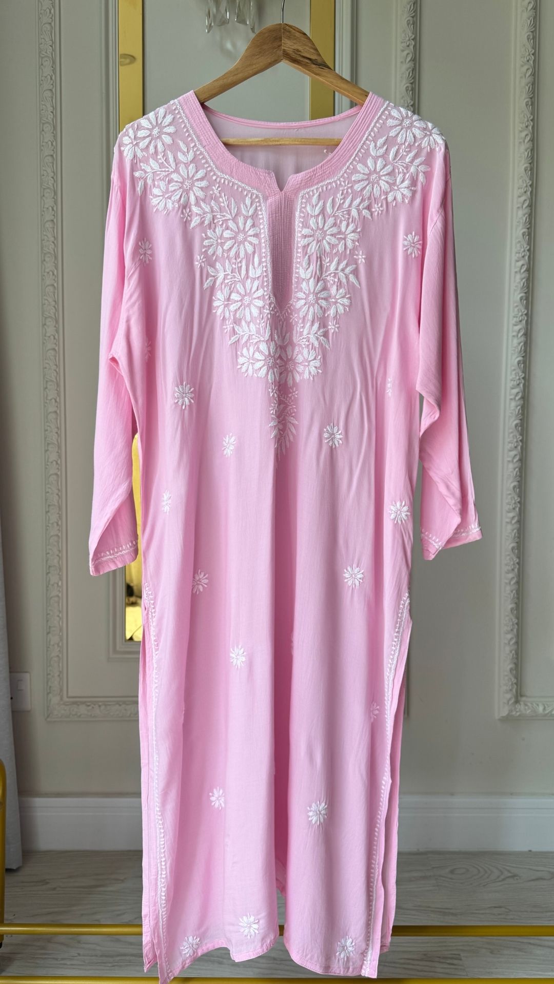 Modal Chikankari Long Kurta - Baby Pink