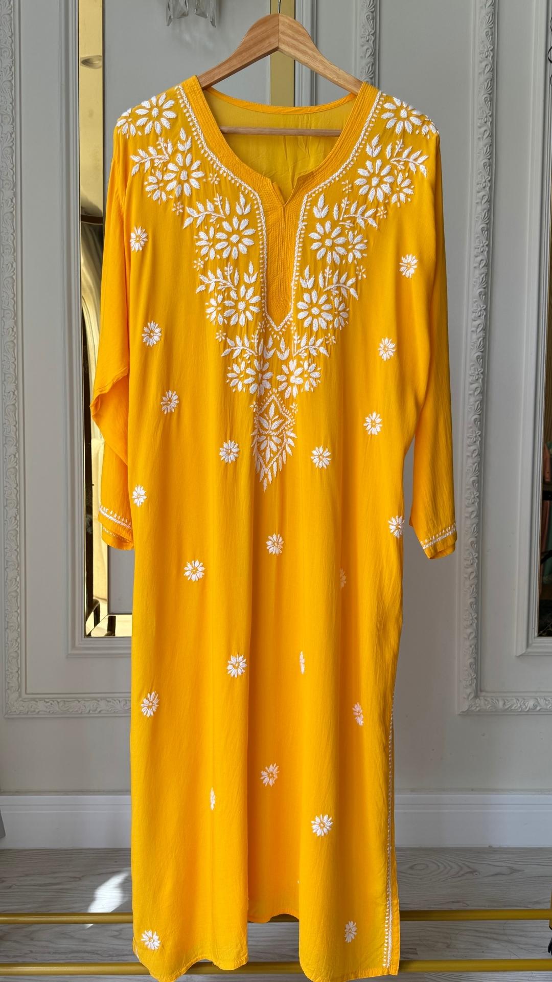 Modal Chikankari Long Kurta - Yellow