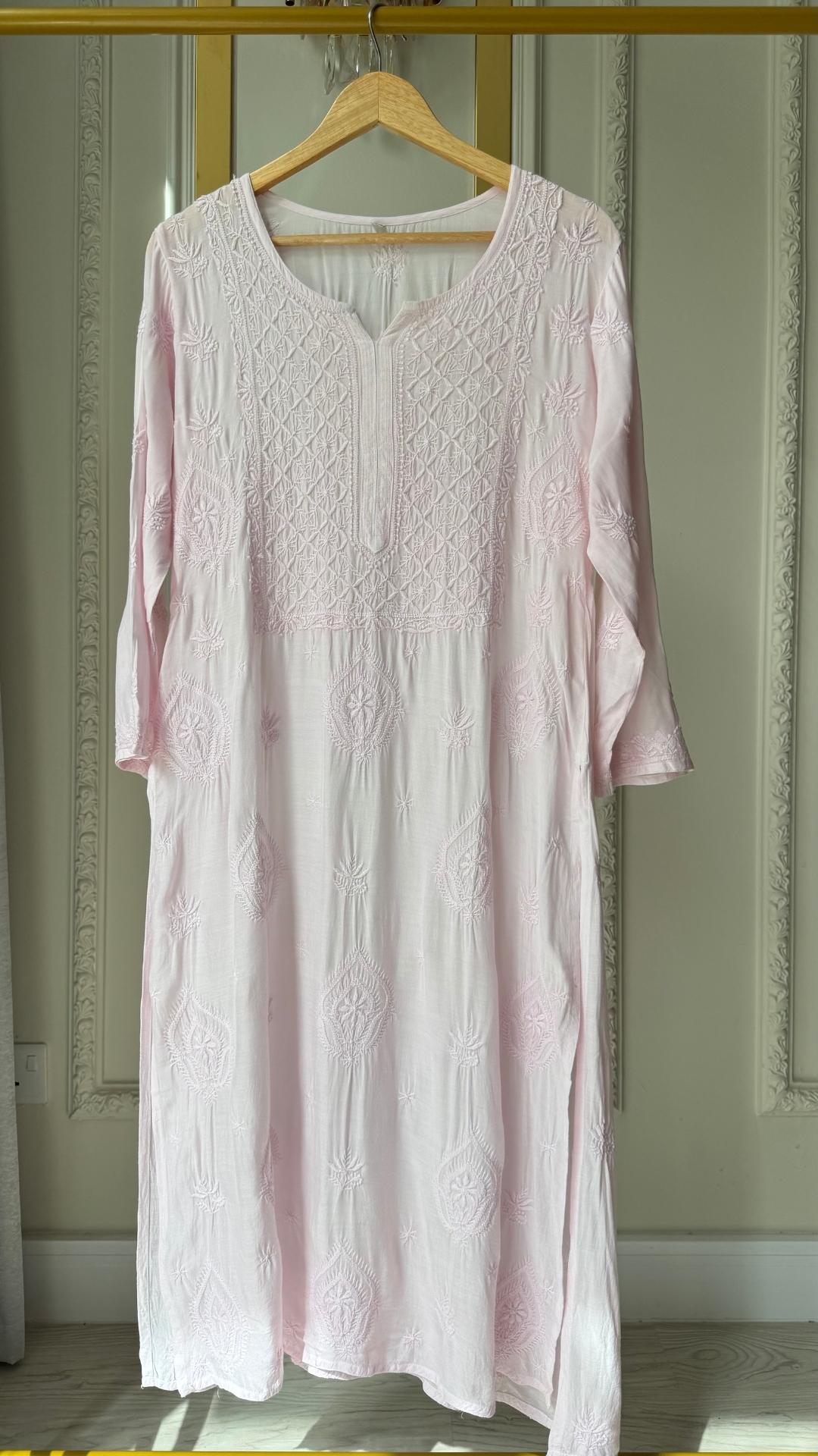 Muslin Silk Premium Chikankari Long Kurta - Baby Pink