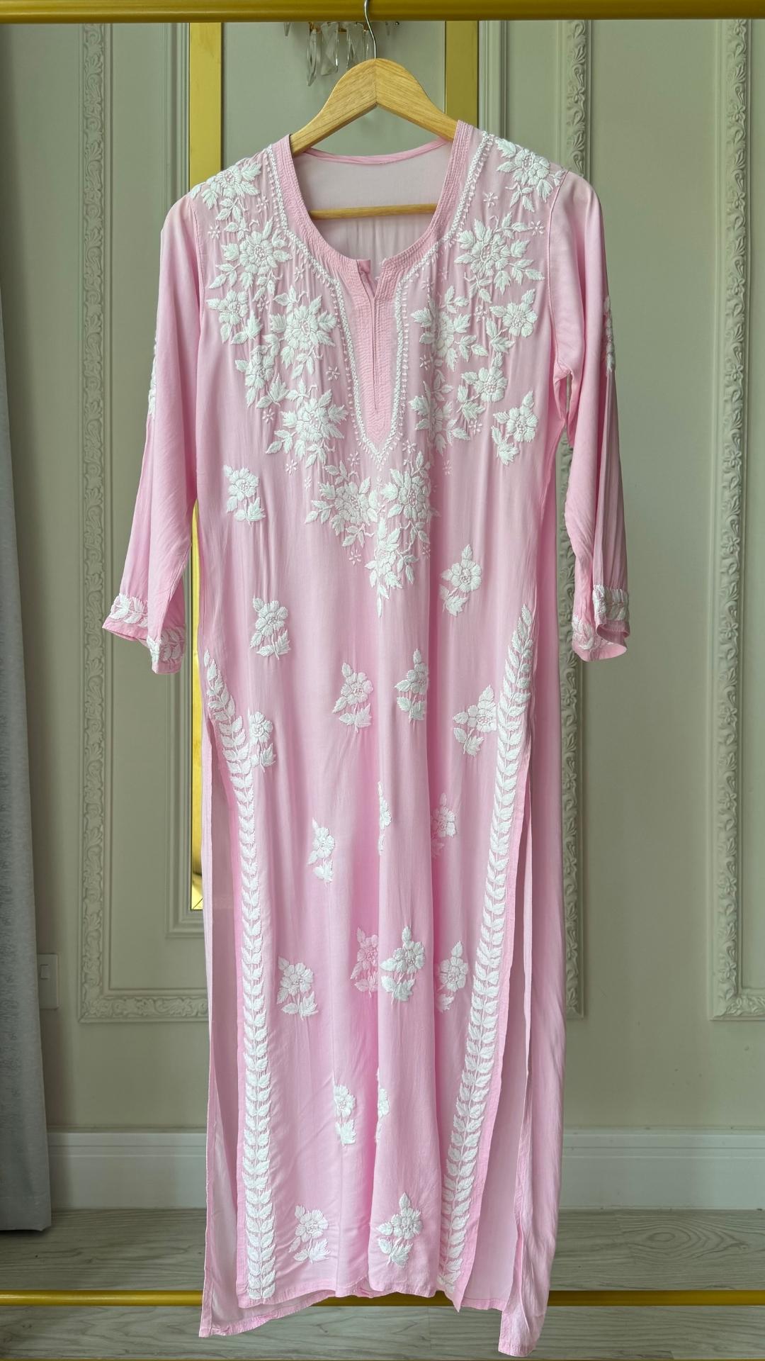 Modal Chikankari Long Kurta - Baby Pink
