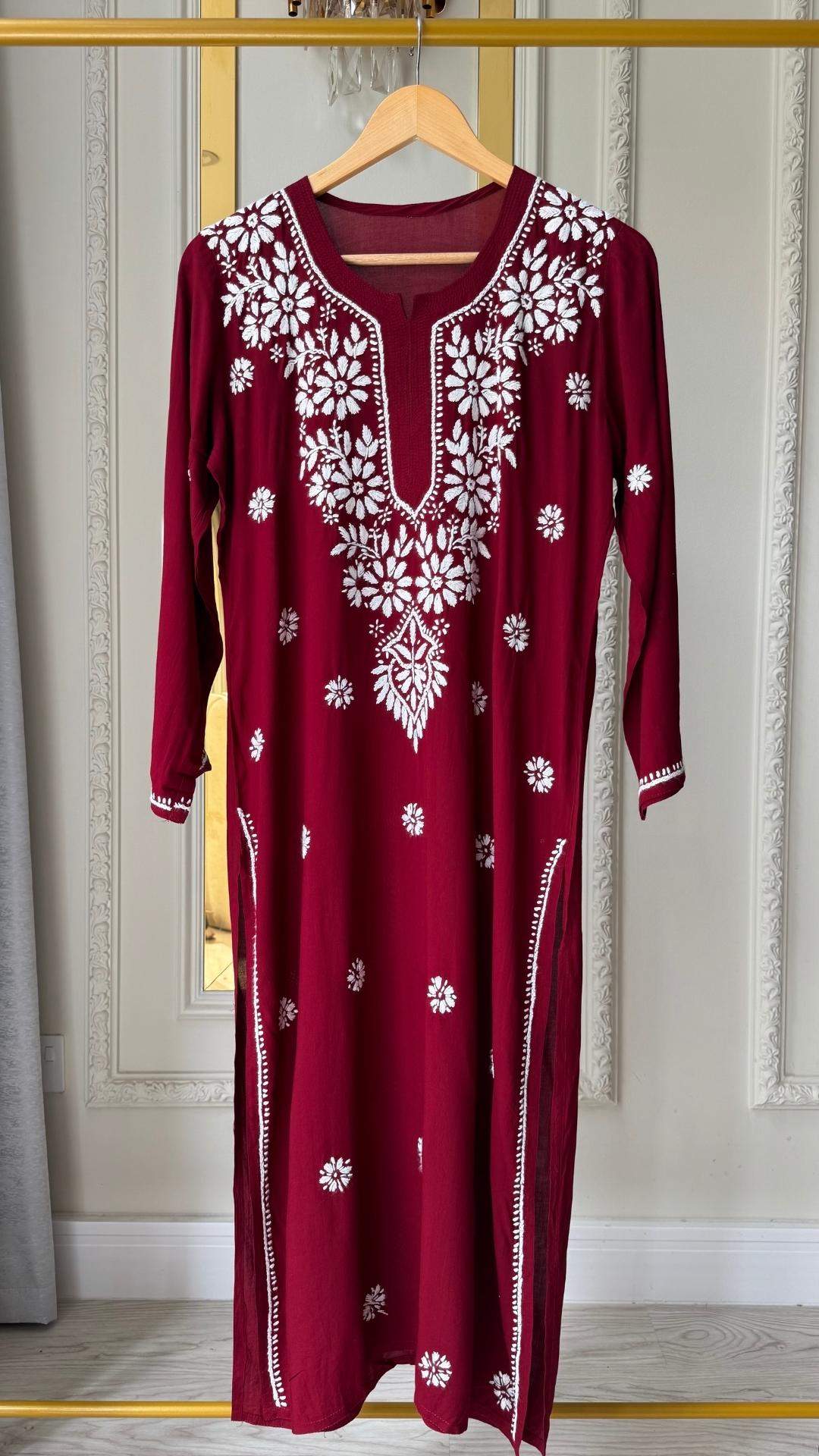 Modal Chikankari Long Kurta - Maroon
