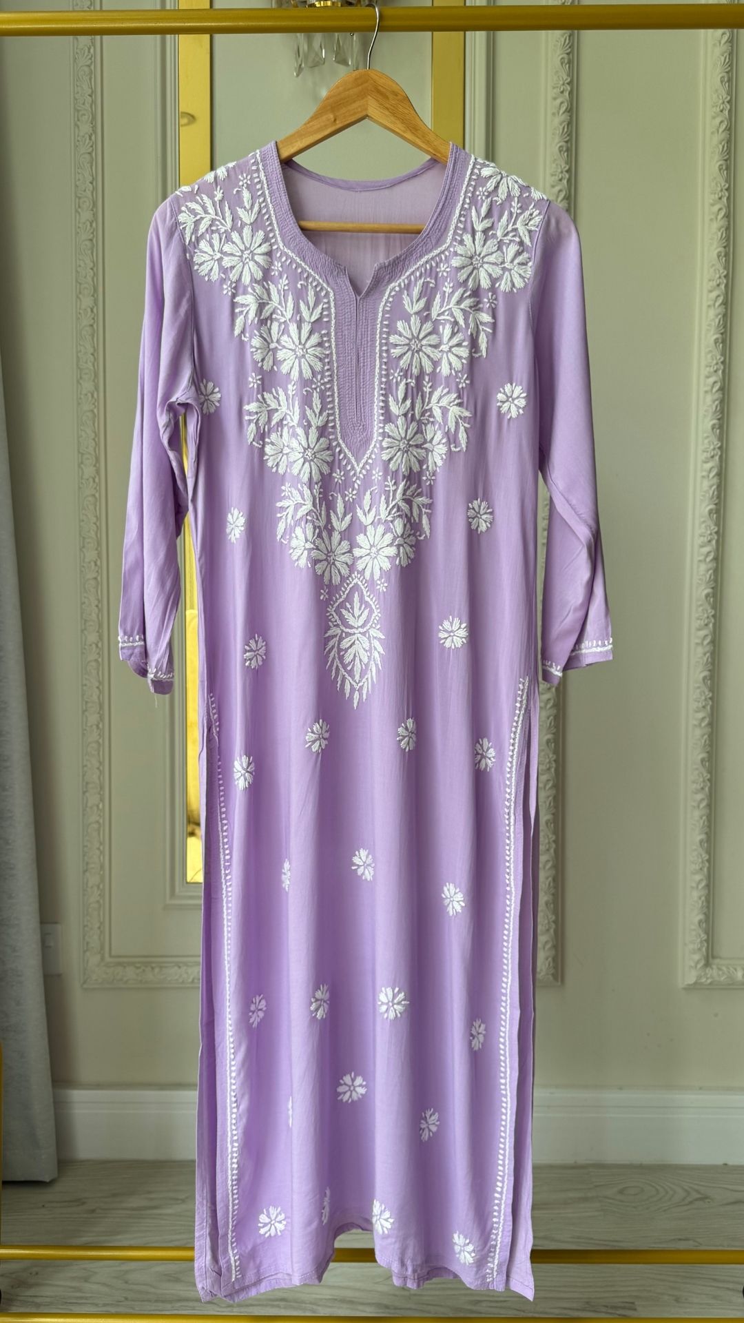 Modal Chikankari Long Kurta - Light Purple