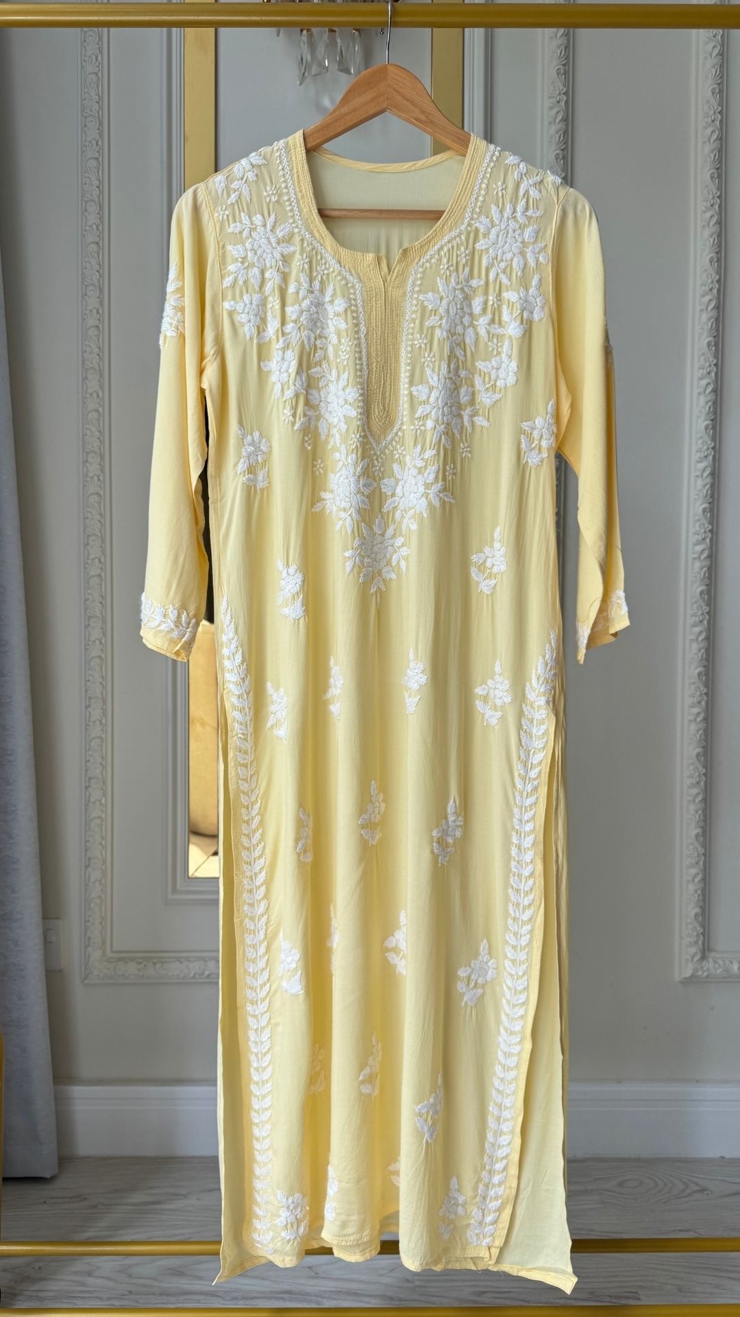 Modal Chikankari Long Kurta - Lemon Yellow