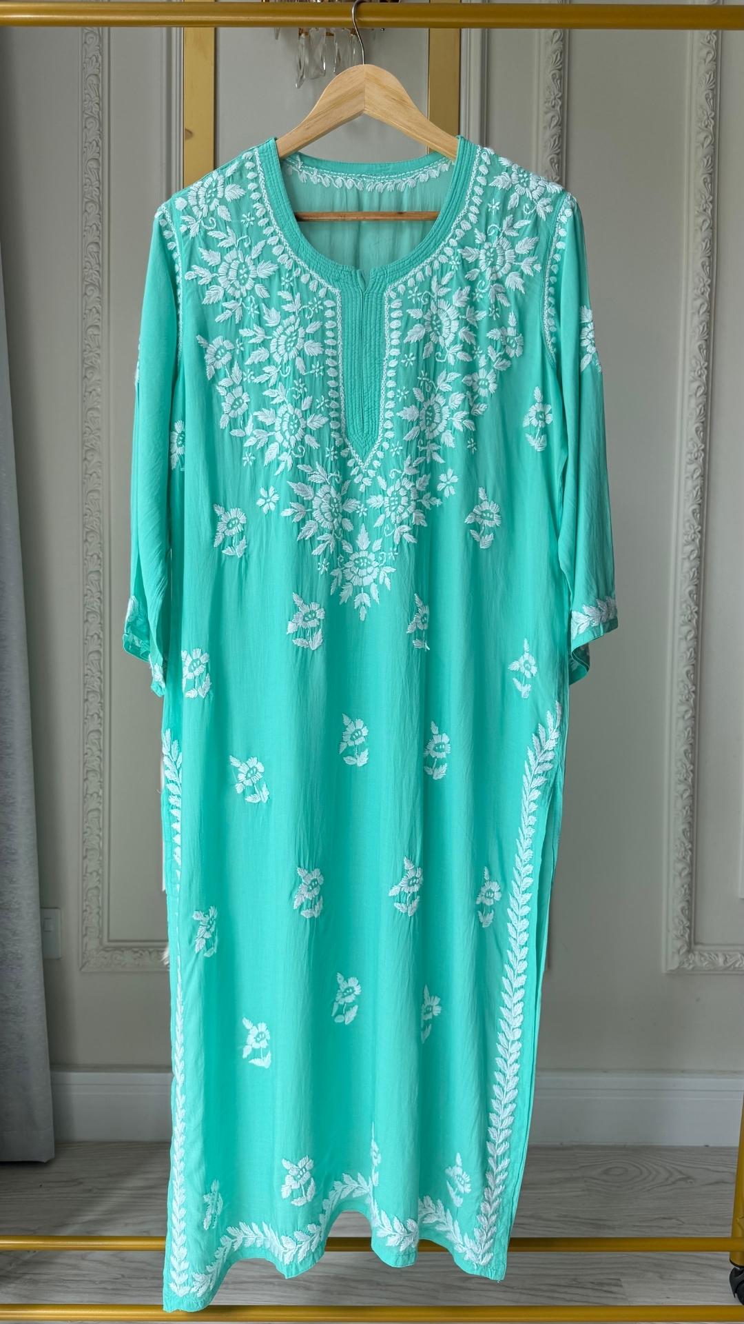 Modal Chikankari Long Kurta - Aqua Green