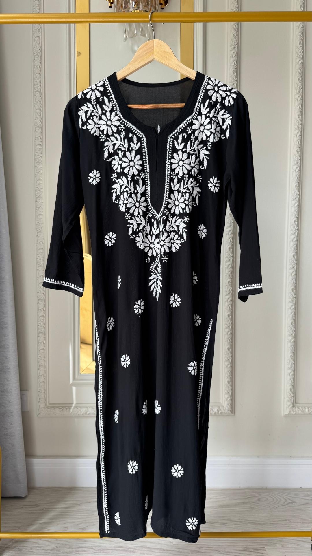 Modal Chikankari Long Kurta - Black