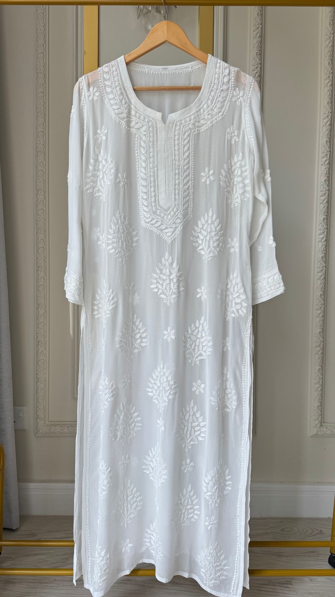 Viscose Georgette 3D Chikankari Long Kurta - Pure White