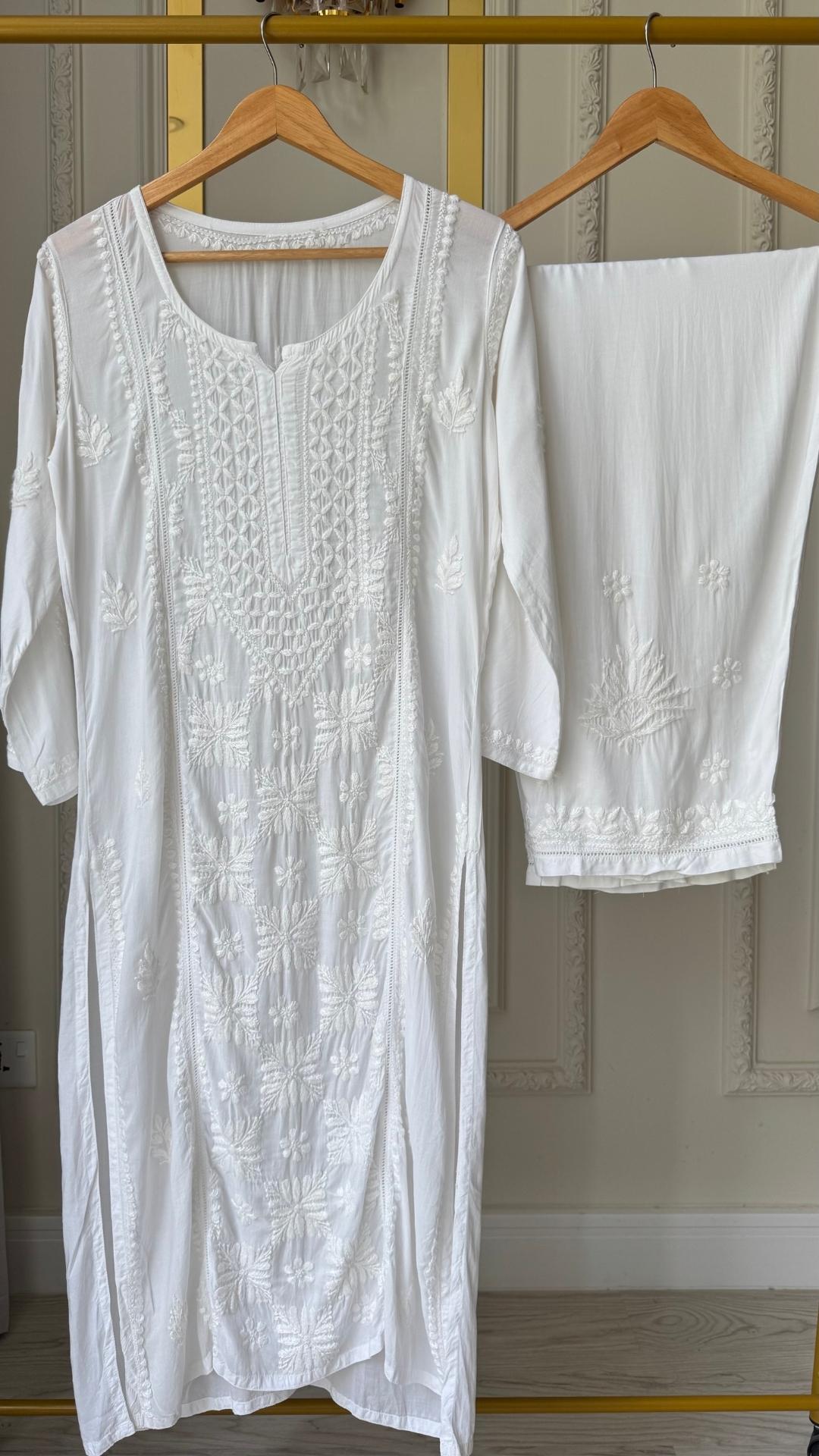 Modal Chikankari Long Kurta Palazzo Set - White