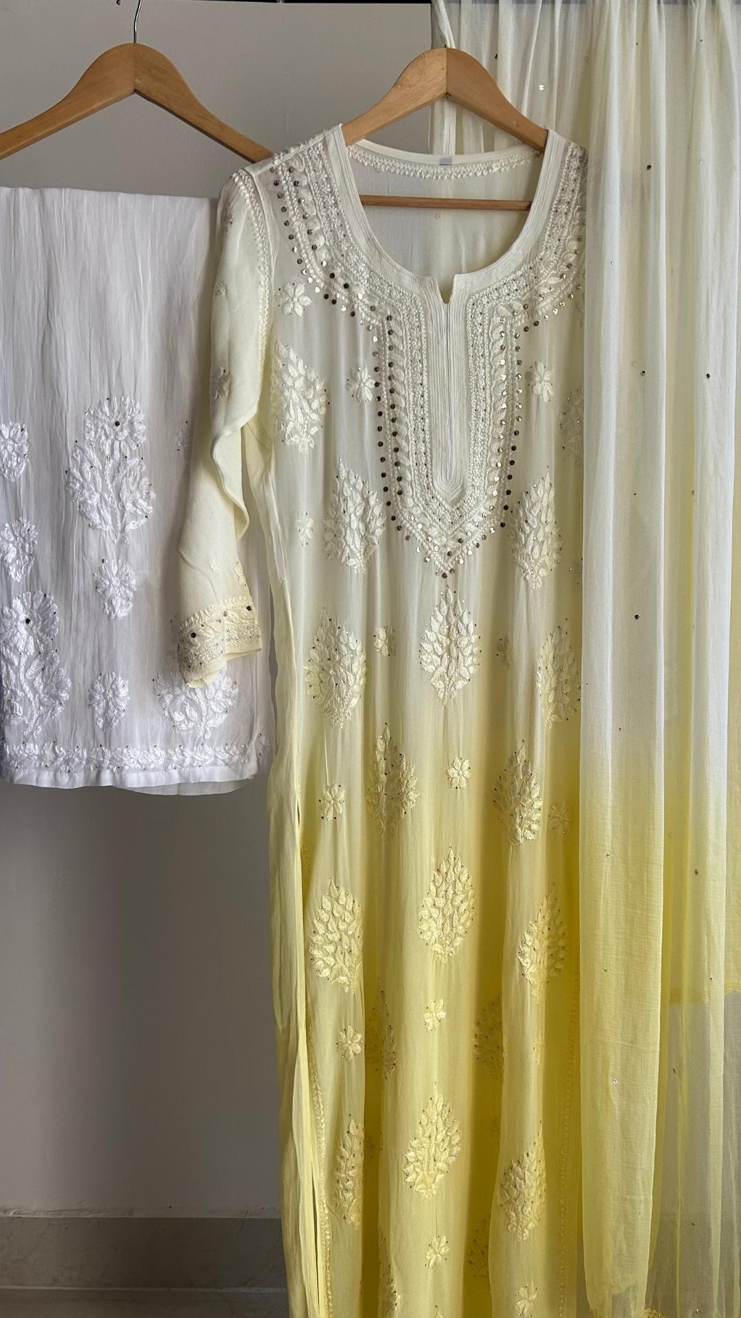 Viscose Georgette Chikankari With Mukesh Suit Set - Lemon Yellow