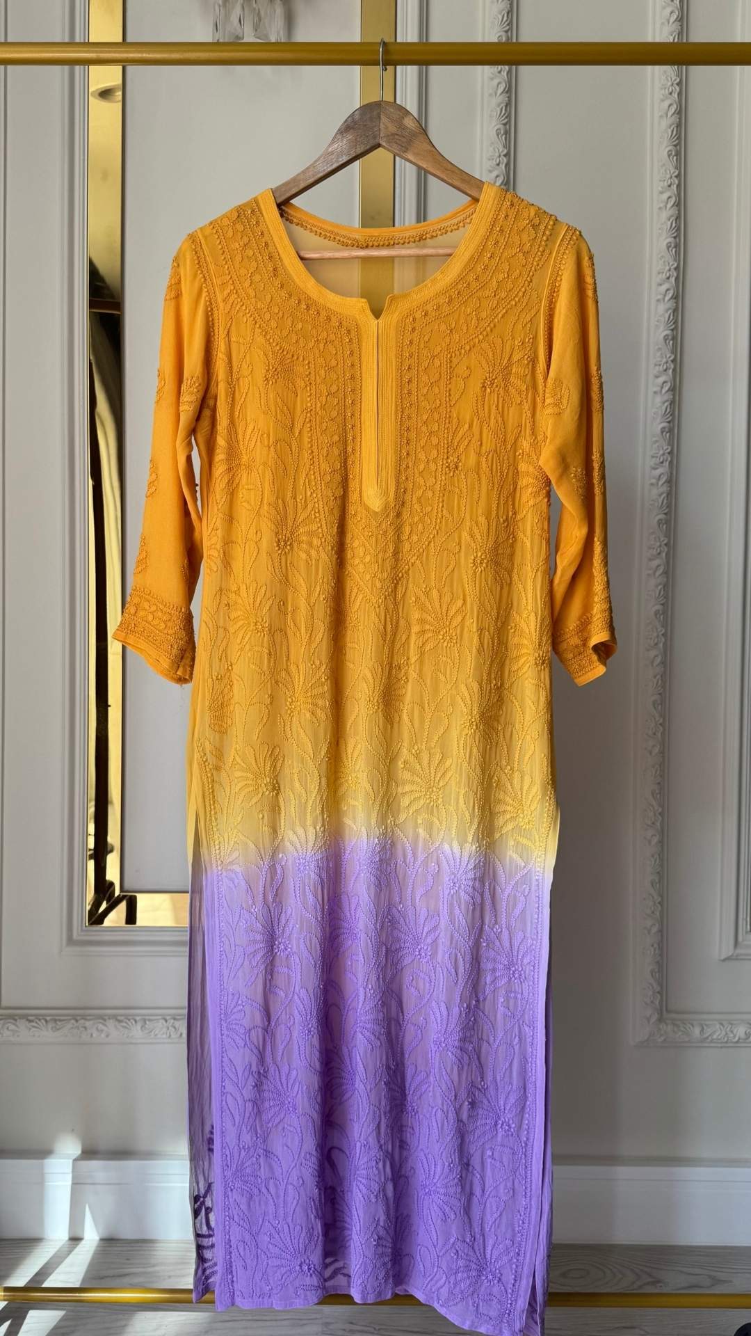 Viscose Georgette Ombre Chikankari Long Kurta - Orange Purple