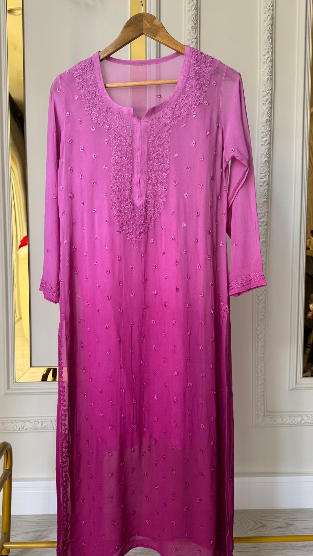 Viscose Georgette Silk Thread Chikankari Long Kurta - Ombre Plum