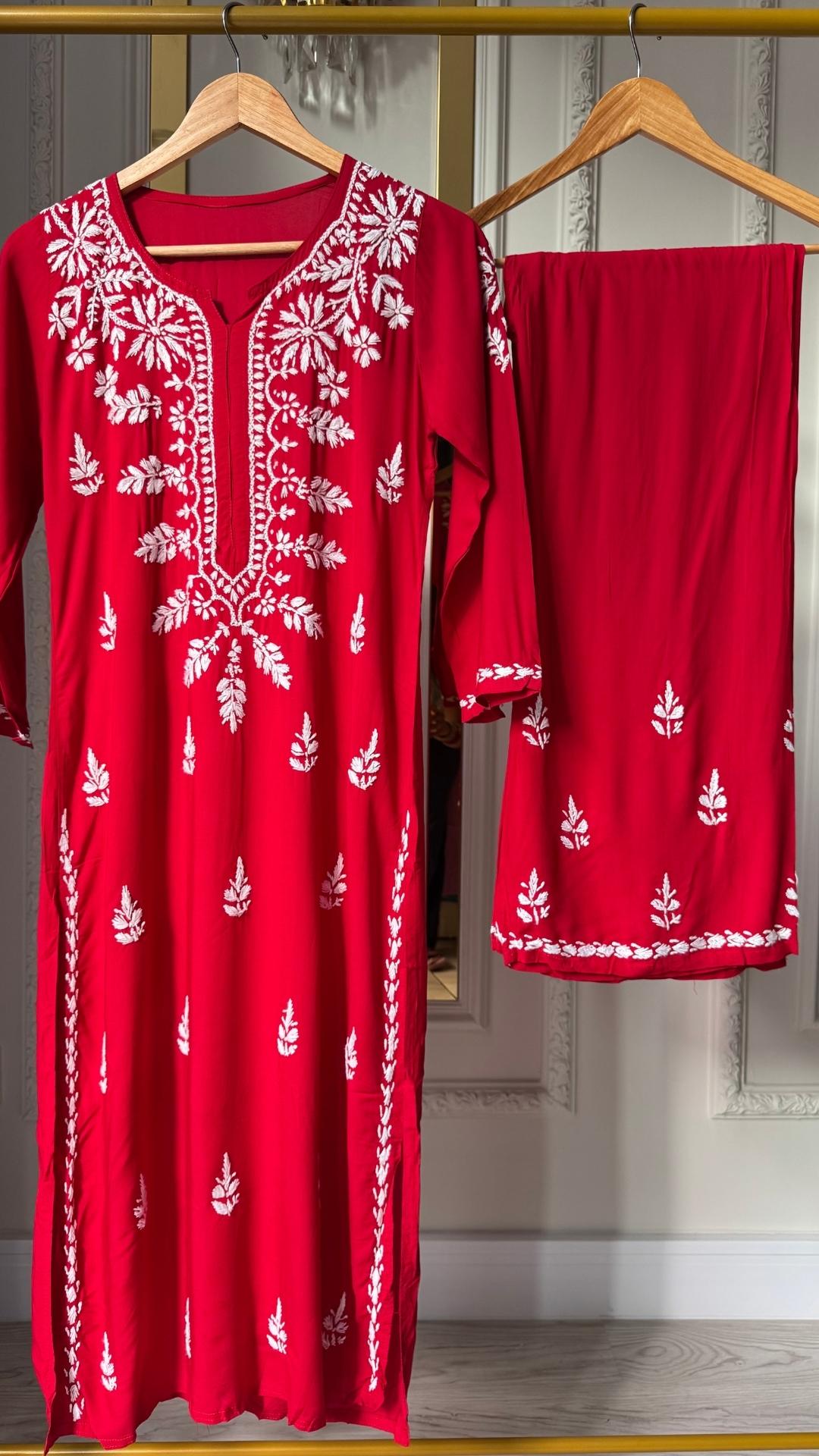 Modal Chikankari Long Kurta Palazzo Set - Red