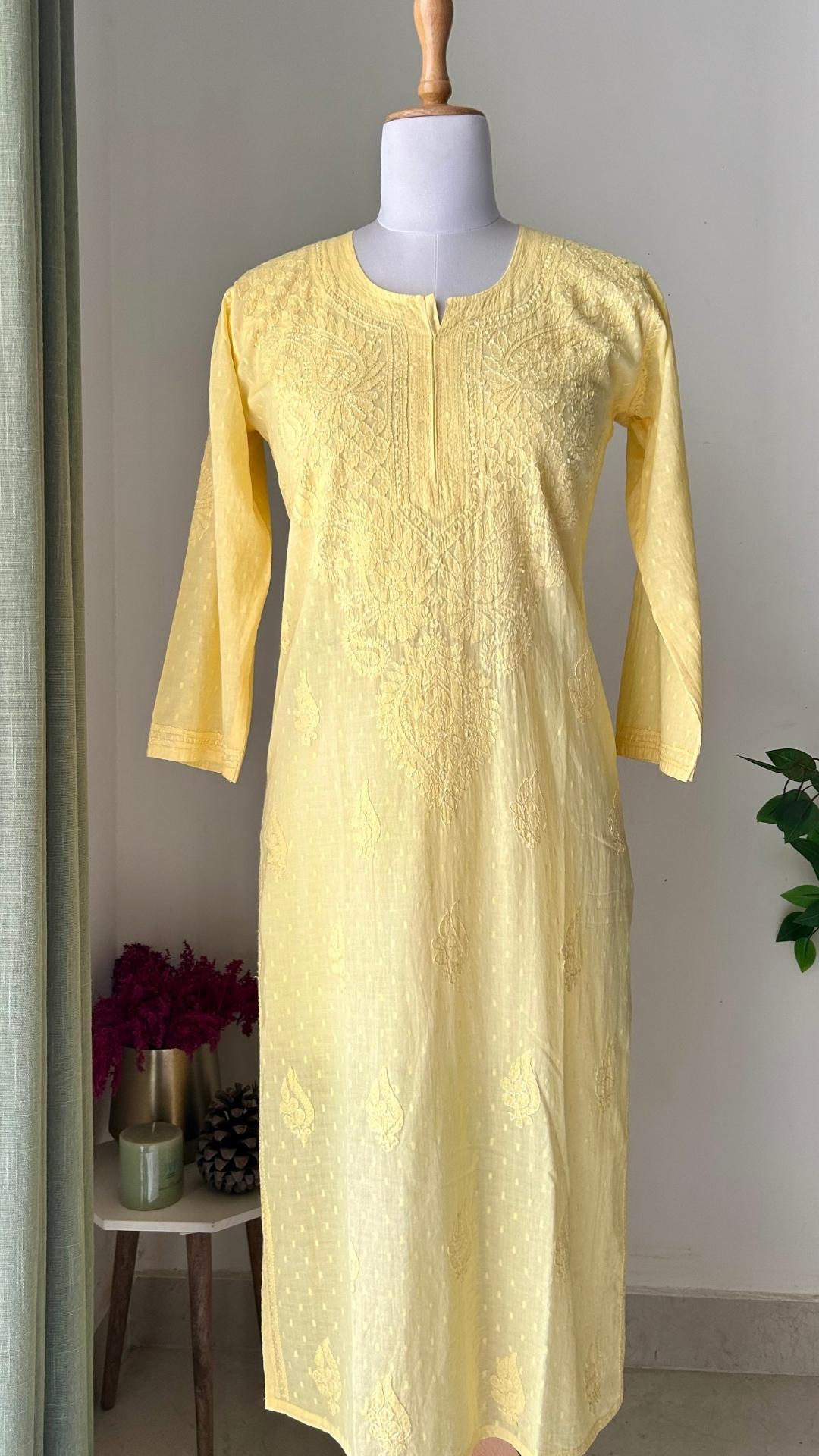 Mal Mal Cotton Chikankari Long Kurta - Lemon Yellow