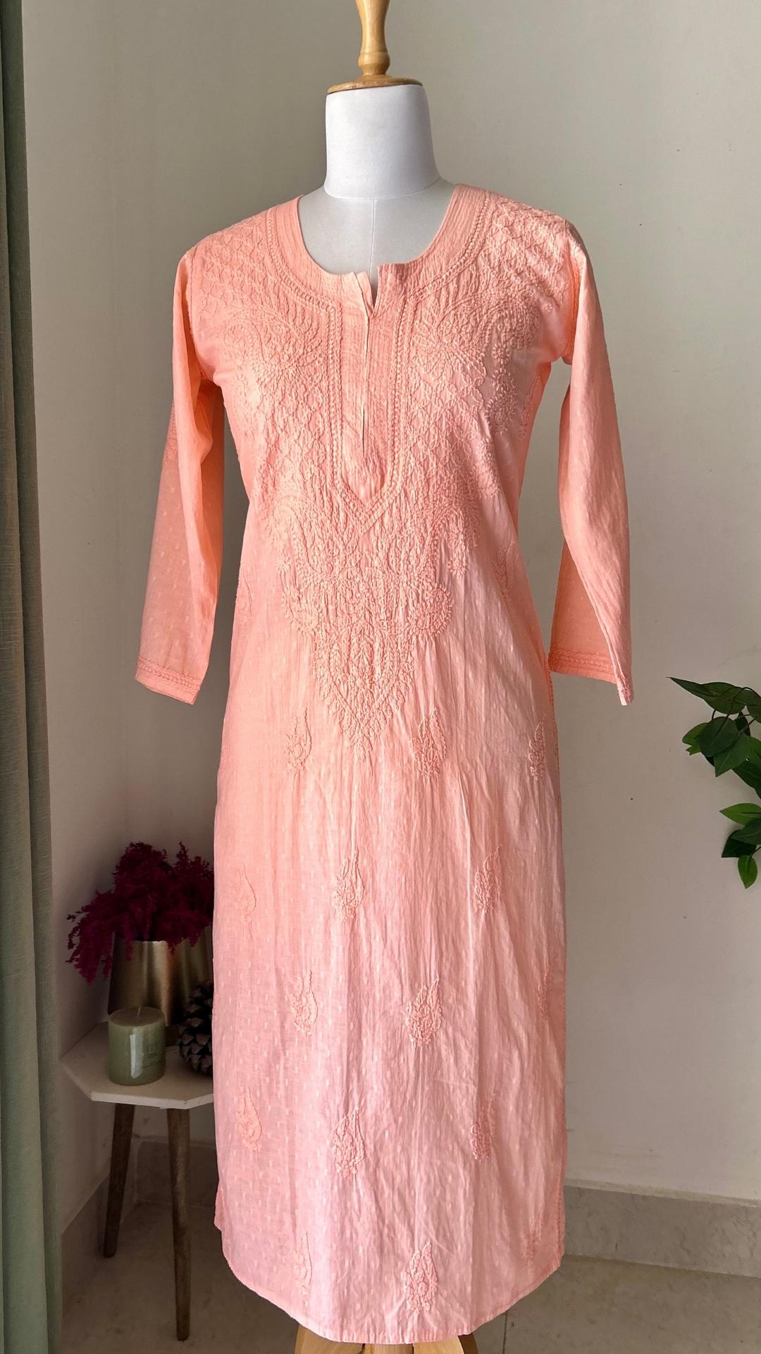 Mal Mal Cotton Chikankari Long Kurta - Peach