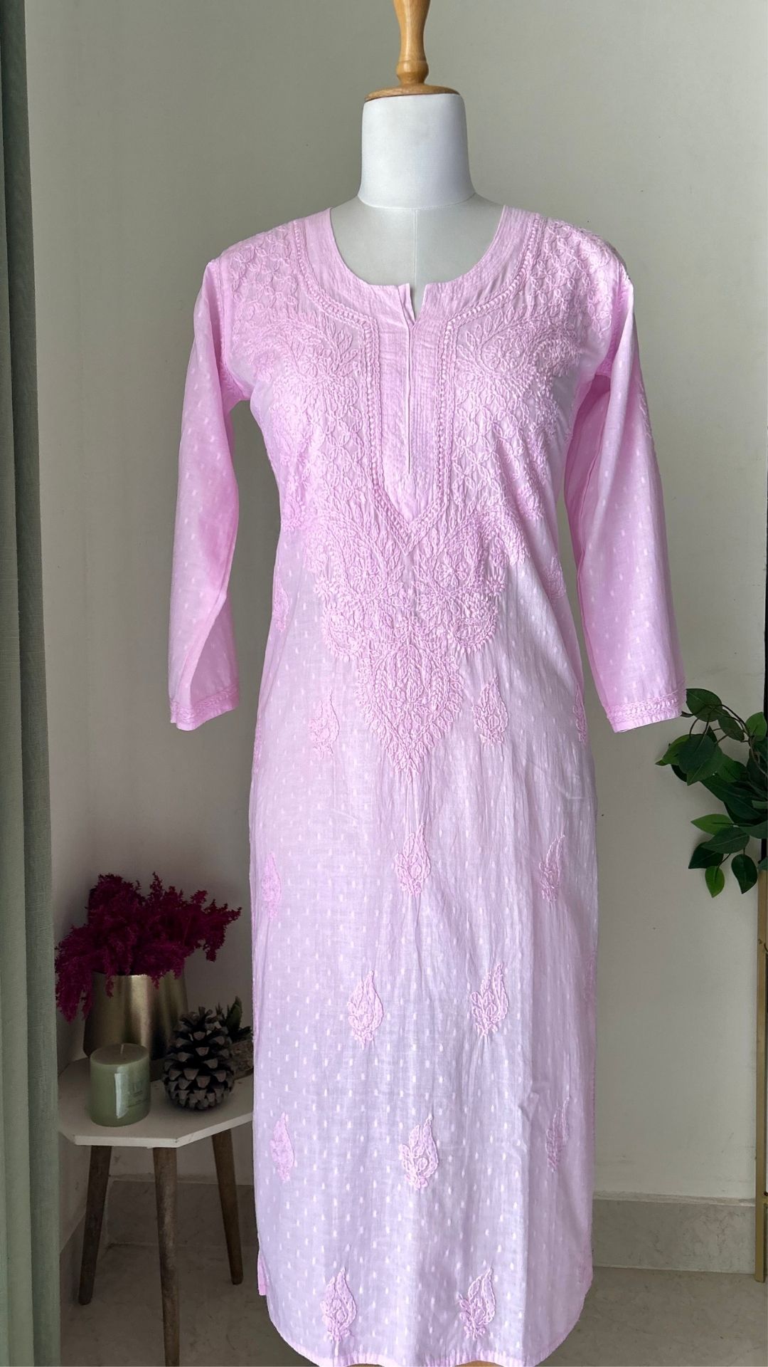 Mal Mal Cotton Chikankari Long Kurta - Baby Pink