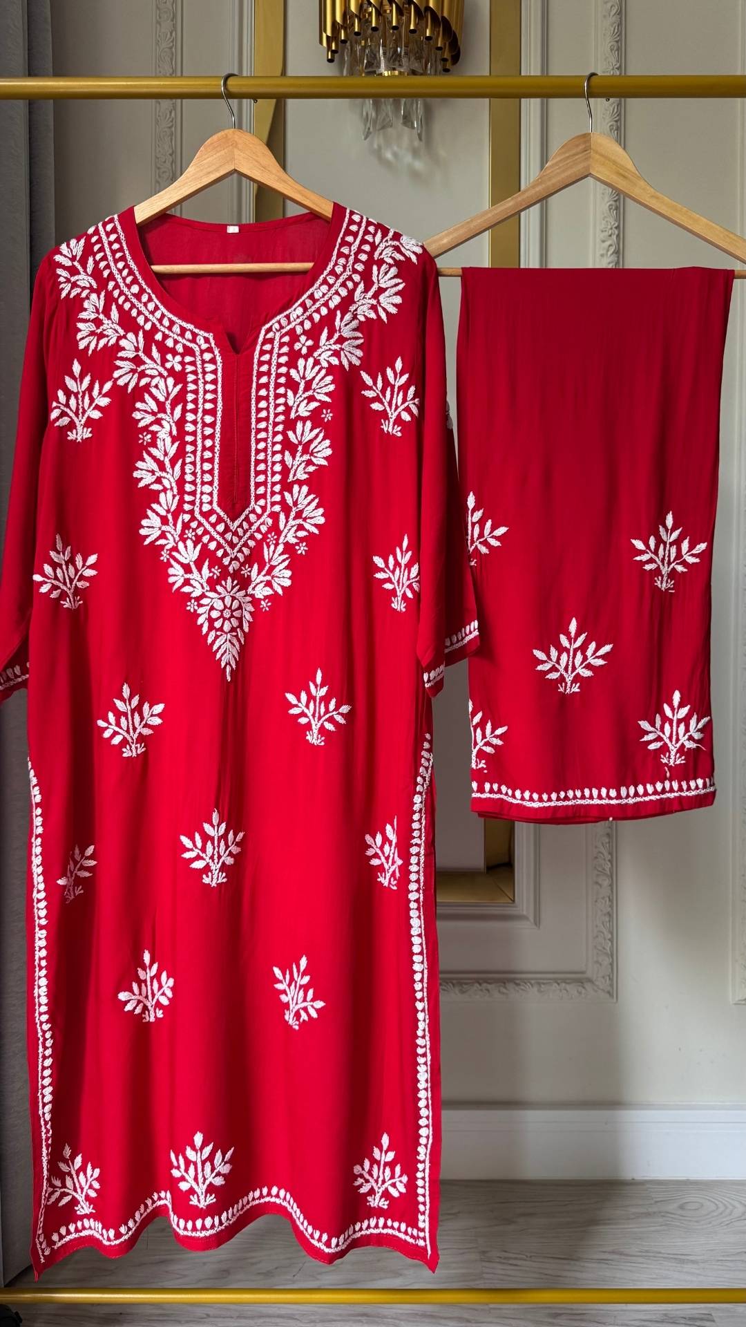Modal Chikankari Long Kurta Palazzo Set - Red