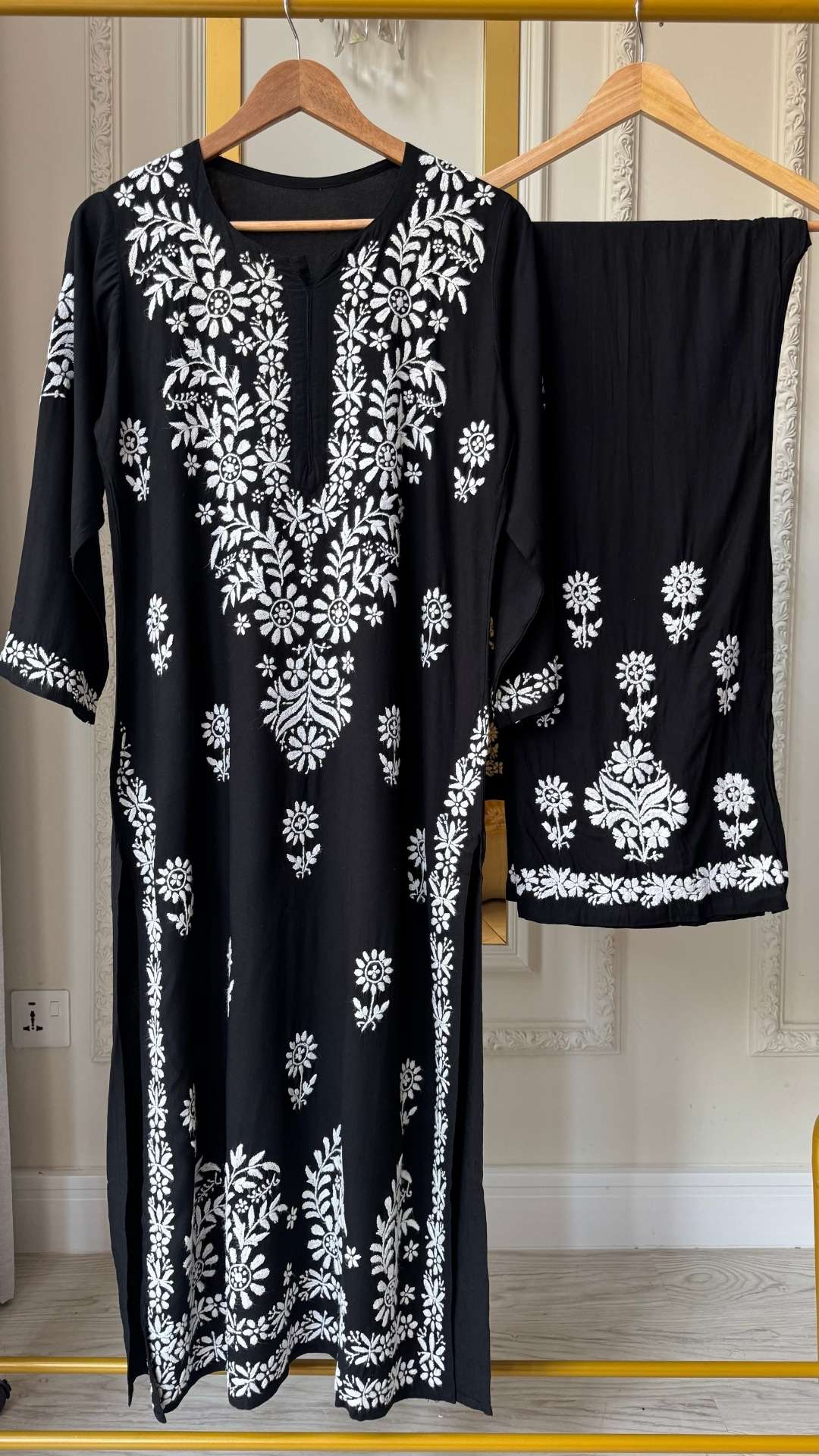 Rayon Chikankari Long Kurta Palazzo Set - Black