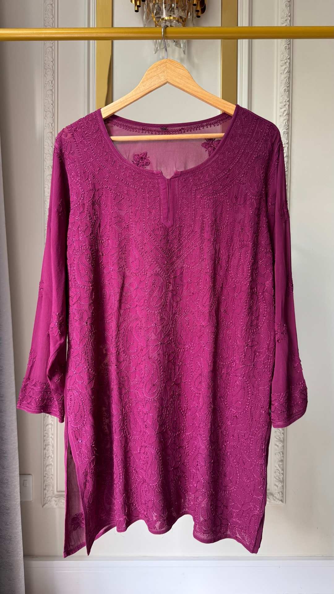 Viscose Georgette Silk Thread Chikankari Short Kurta - Wine