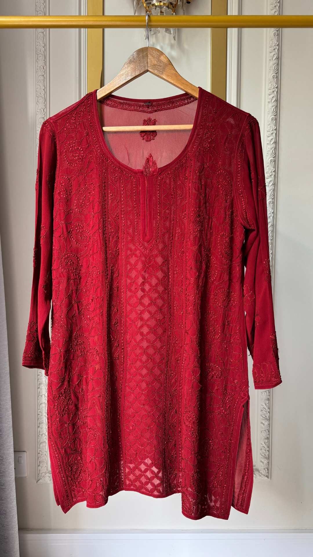 Viscose Georgette Silk Thread Chikankari Short Kurta - Maroon 